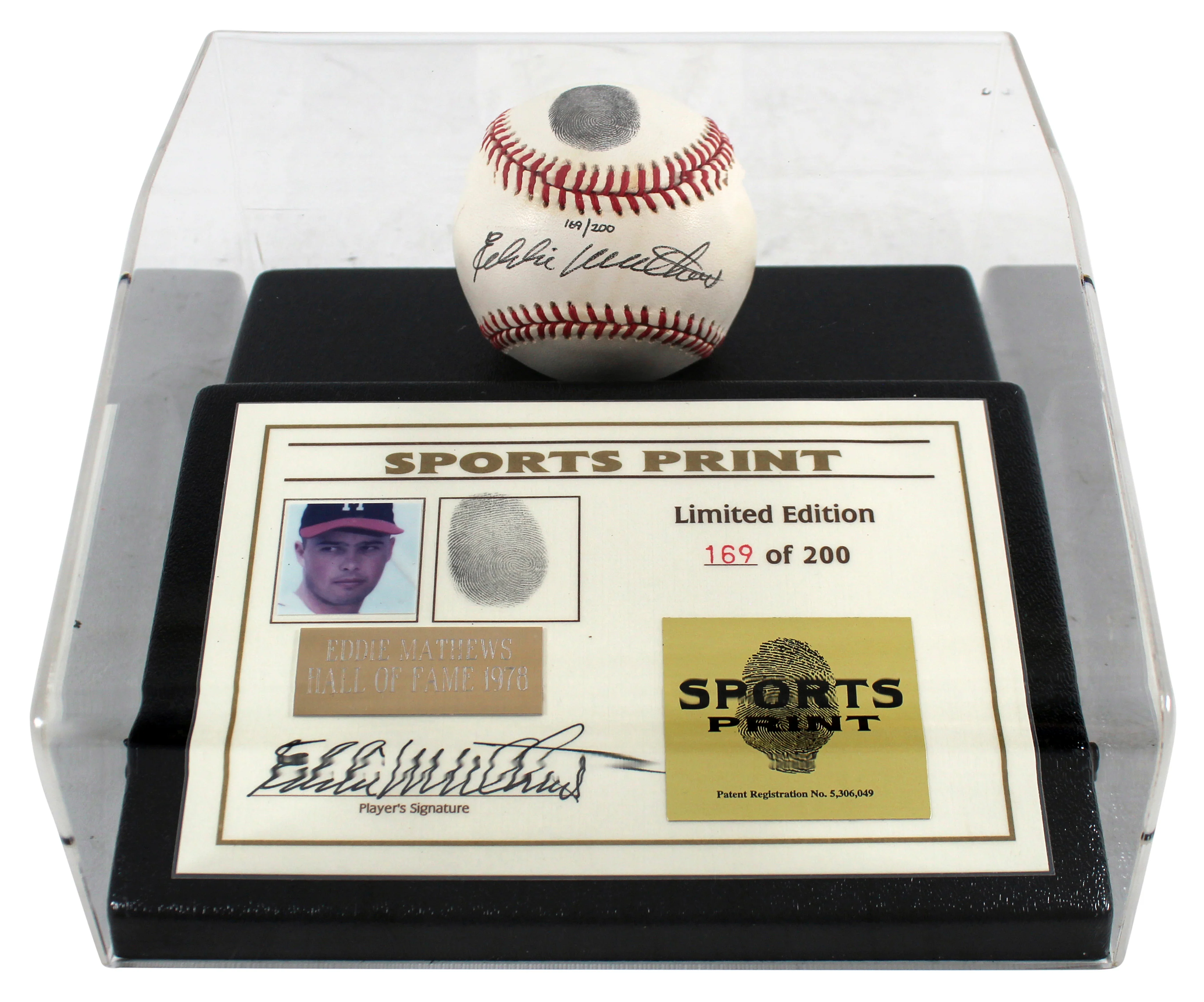 Braves Eddie Mathews Signed Thumbprint Baseball LE #'d/200 w/ Display Case BAS - Image 2
