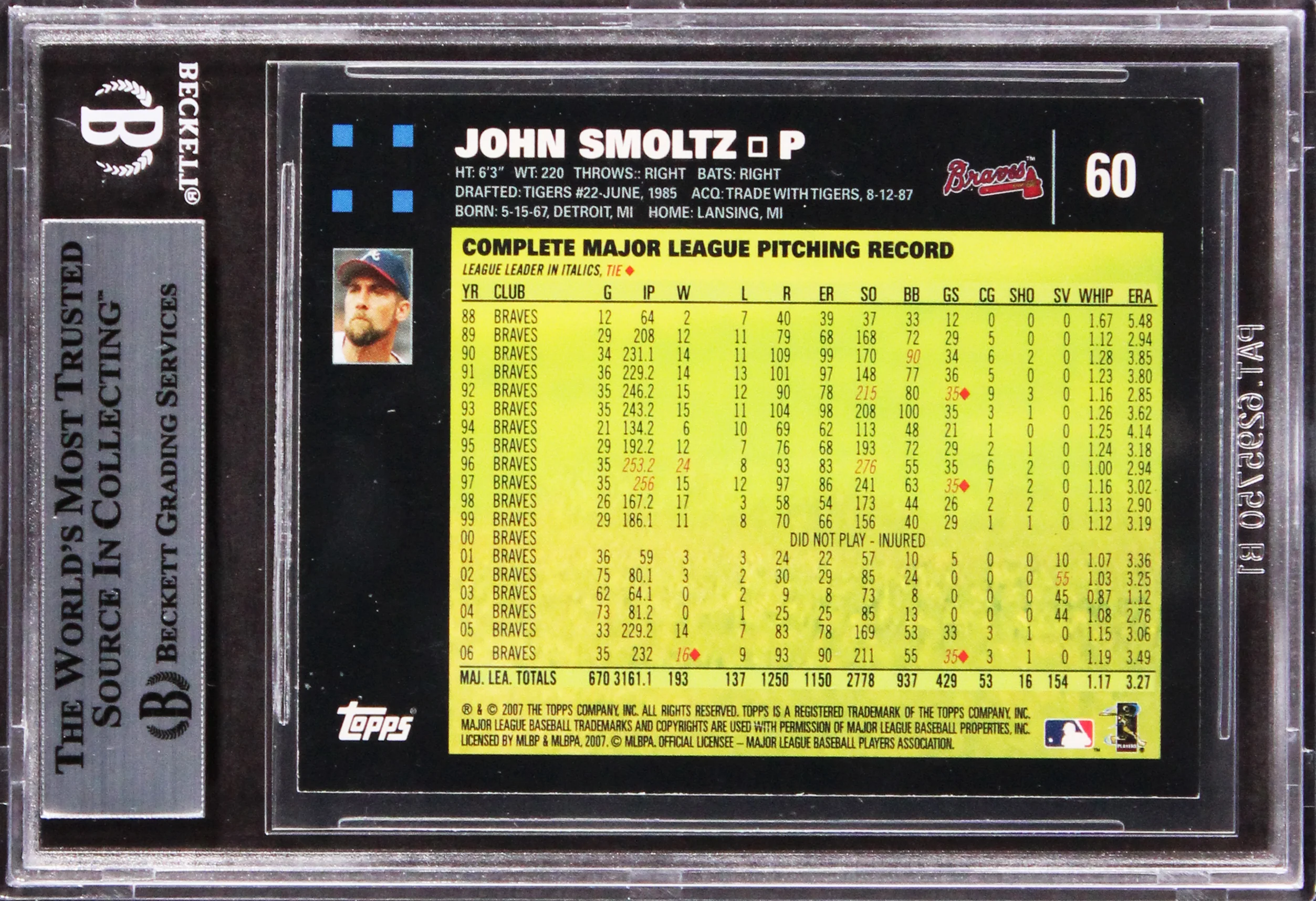 Braves John Smoltz Authentic Signed 2007 Topps #60 Card Autographed BAS Slabbed - Image 3