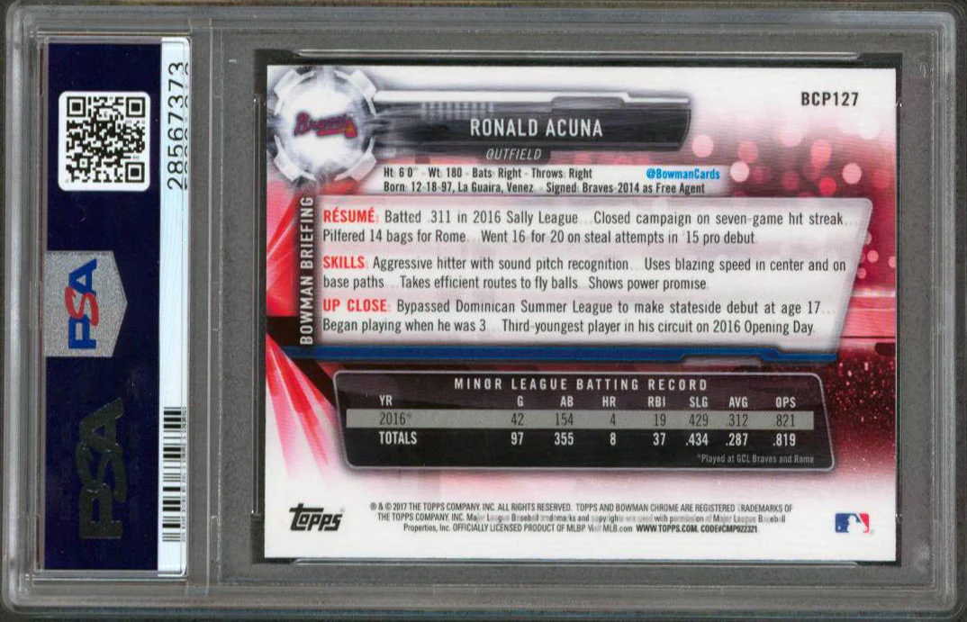Braves Ronald Acuna Jr. 2017 Bowman Chrome #BCP127 Rookie Card Grade 10 PSA Slab - Image 3