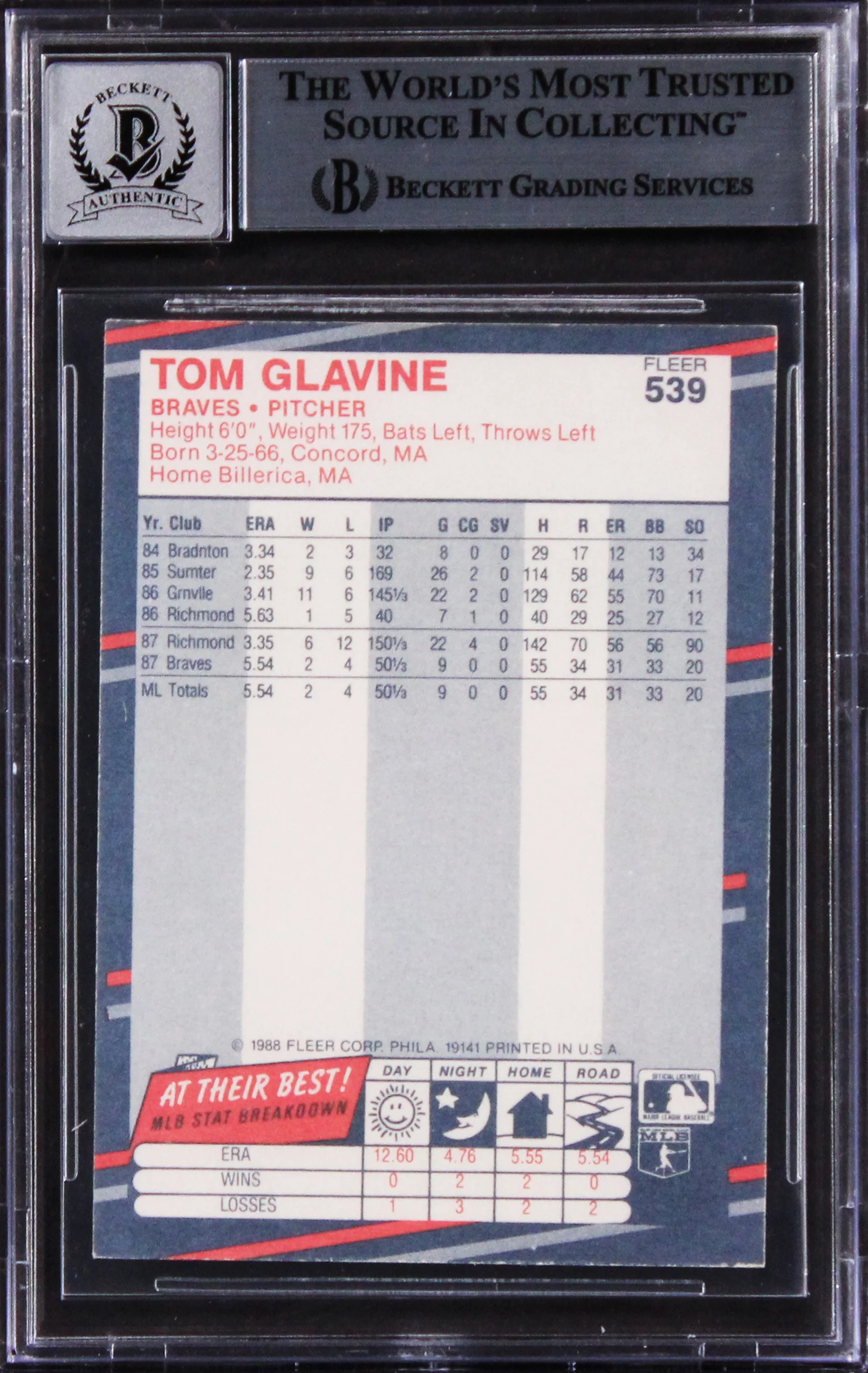 Braves Tom Glavine Signed 1988 Fleer #539 Rookie Card Auto Gem 10! BAS Slabbed - Image 3