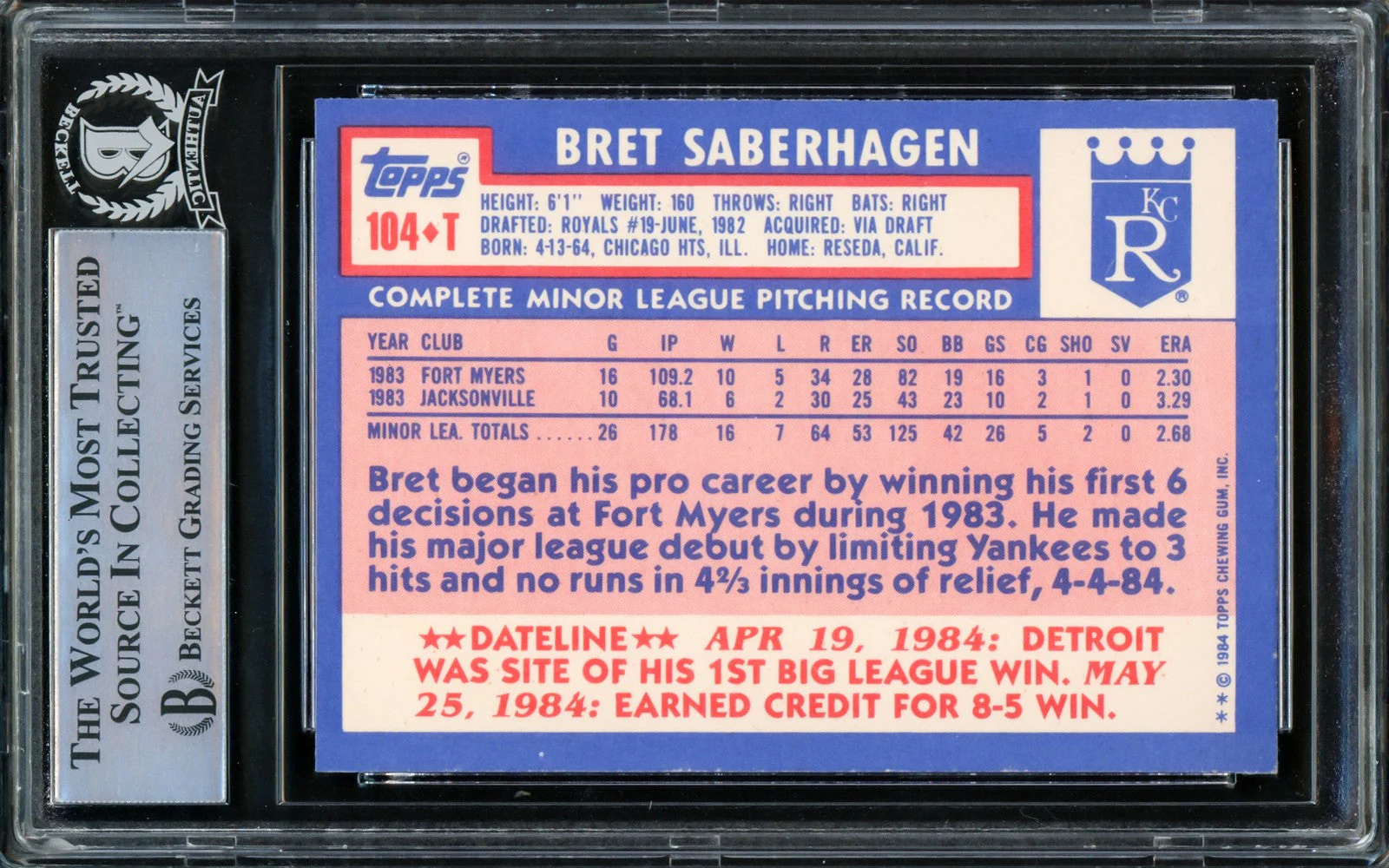 Bret Saberhagen Signed 1984 Topps Traded #104T Royals RC Card 85 & 89 AL CY BAS - Image 2