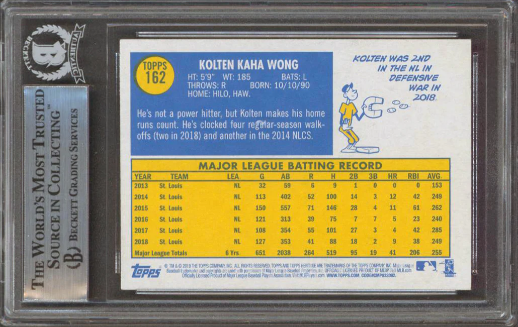 Brewers Kolten Wong Authentic Signed 2019 Topps Heritage #162 Card BAS Slabbed - Image 3
