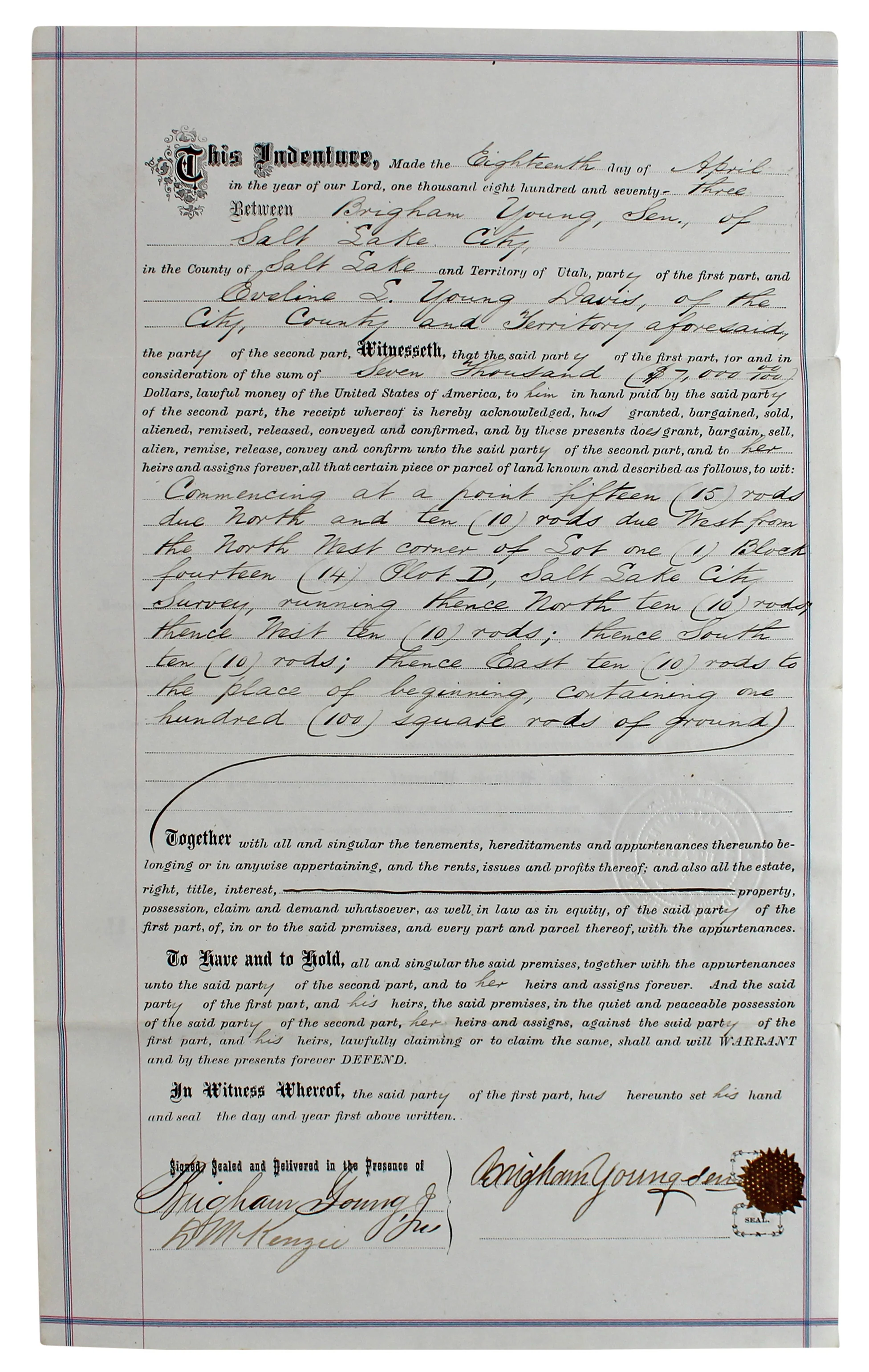 Brigham Young Authentic Signed 7.5x14.5 1873 Land Deed Document BAS #AB77797