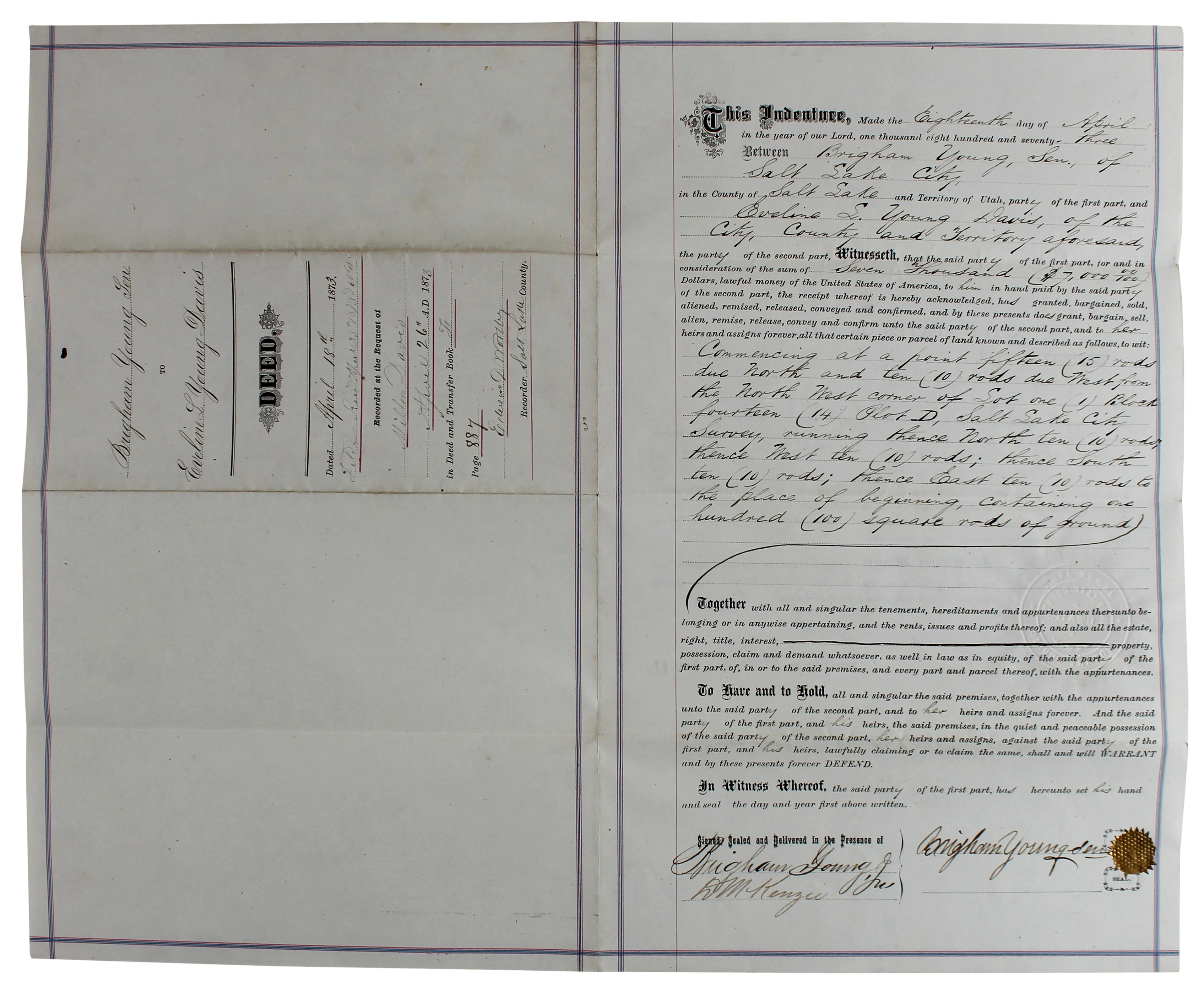 Brigham Young Authentic Signed 7.5x14.5 1873 Land Deed Document BAS #AB77797 - Image 4