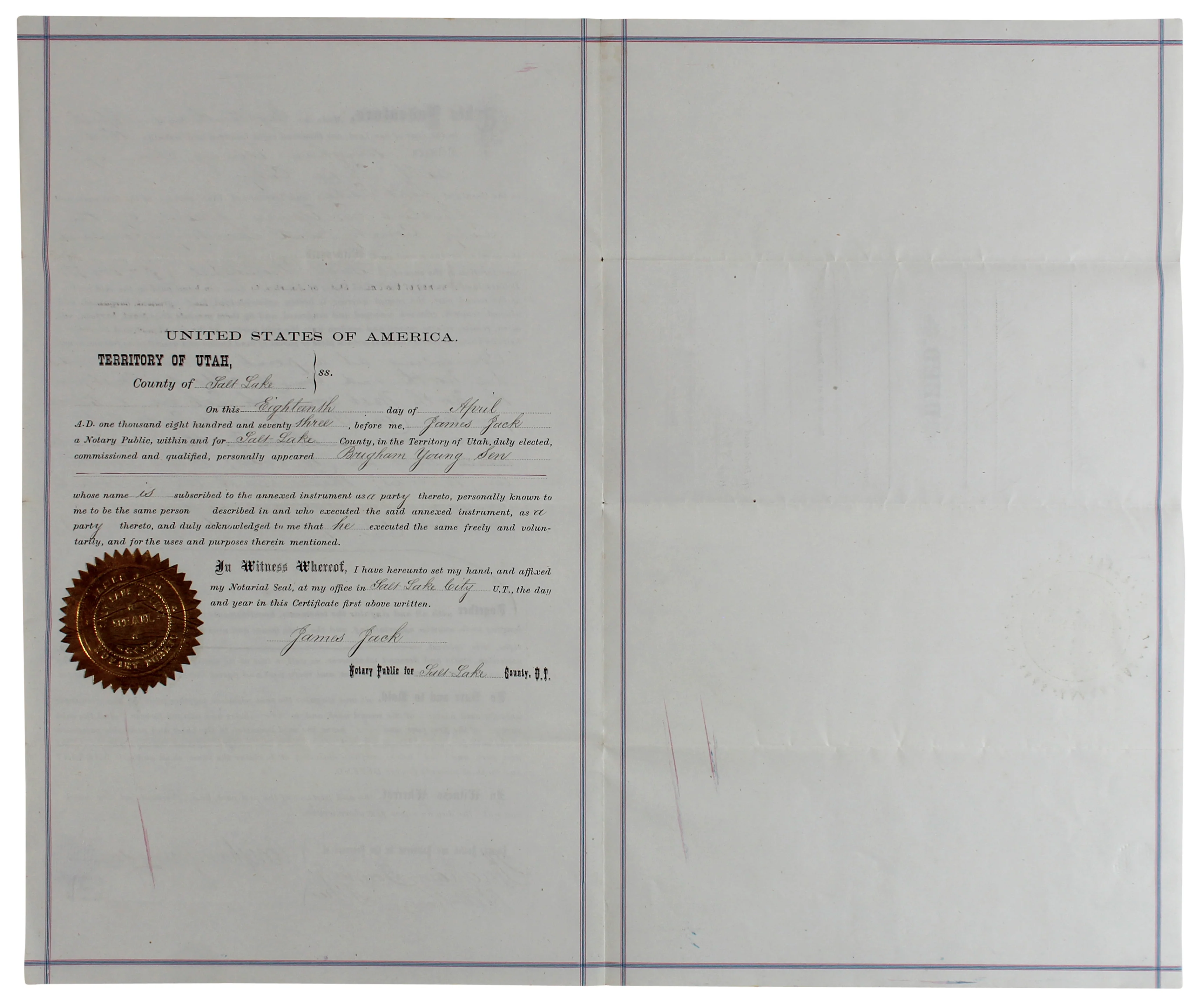 Brigham Young Authentic Signed 7.5x14.5 1873 Land Deed Document BAS #AB77797 - Image 5