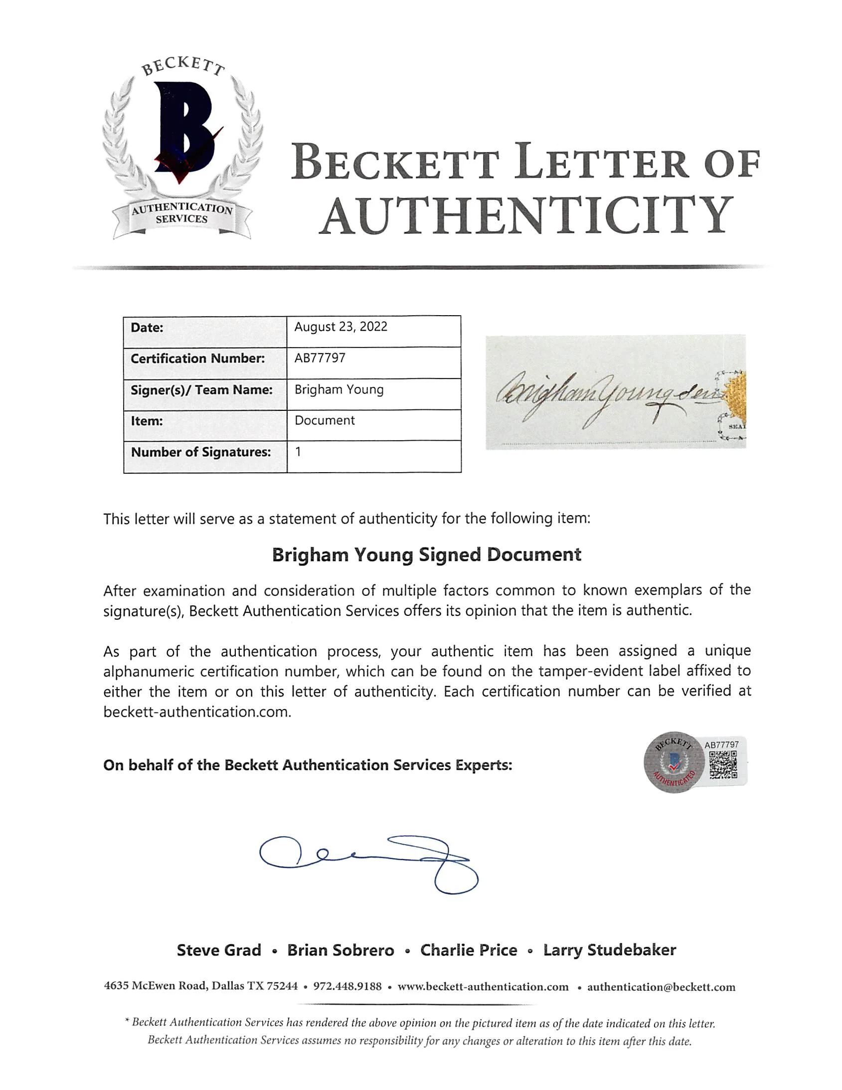 Brigham Young Authentic Signed 7.5x14.5 1873 Land Deed Document BAS #AB77797 - Image 7