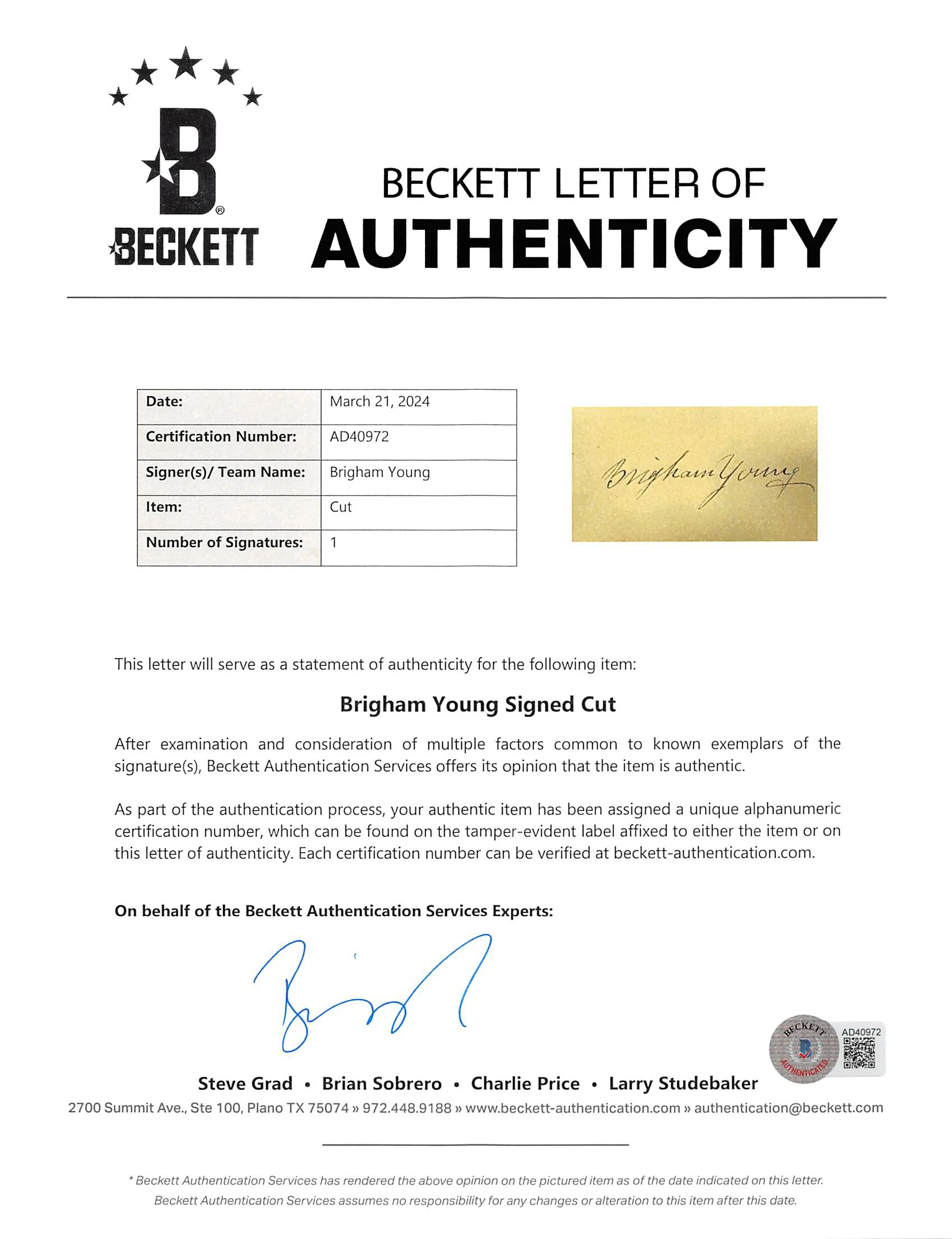 Brigham Young Authentic Signed & Framed 2x3.65 Cut Signature BAS #AD40972 - Image 4