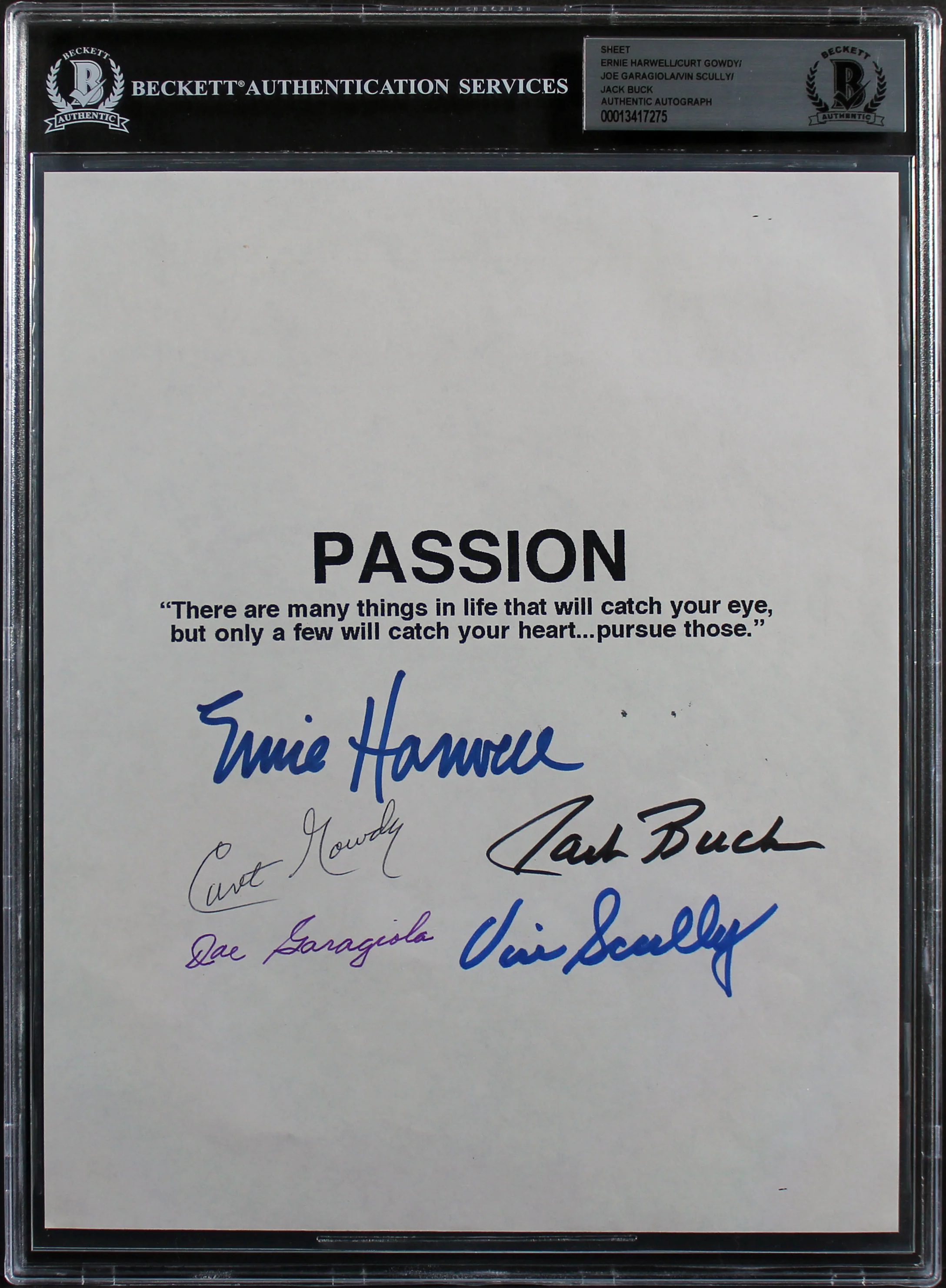 Broadcast Legends (5) Scully, Buck, Garagiola, +2 Signed 8x10 Sheet BAS Slabbed - Image 2