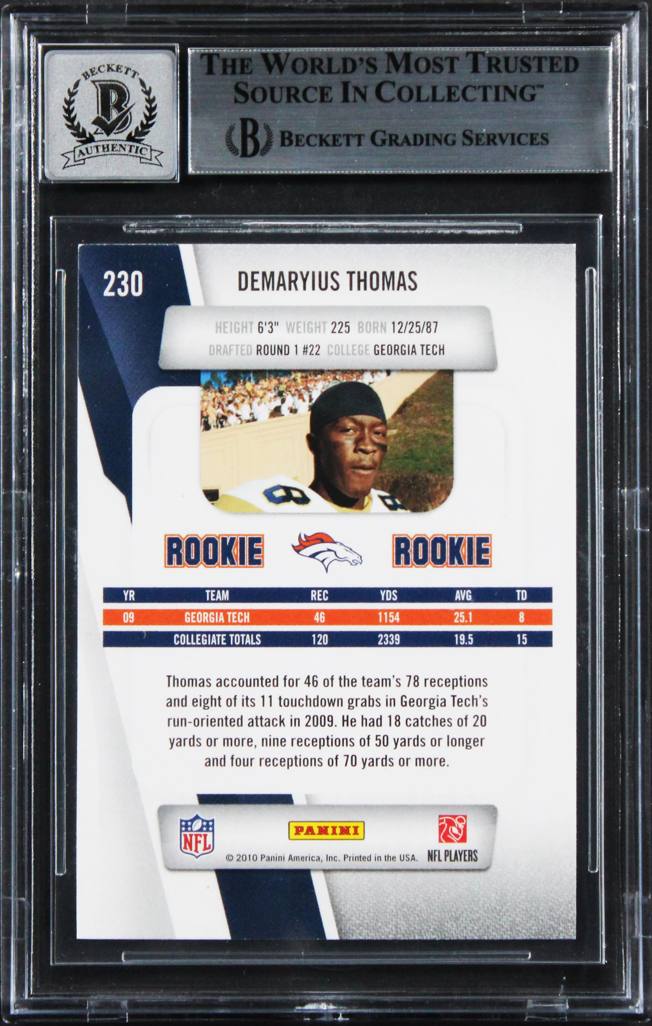 Broncos Demaryius Thomas Signed 2010 Prestige #230A RC Card Auto 10! BAS Slabbed - Image 3