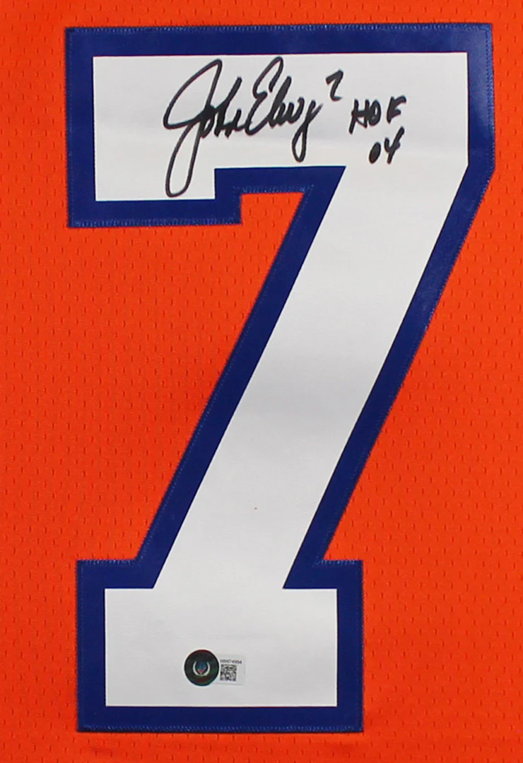 Broncos John Elway "HOF 04" Signed Orange Alternate M&N Jersey BAS Witnessed - Image 3