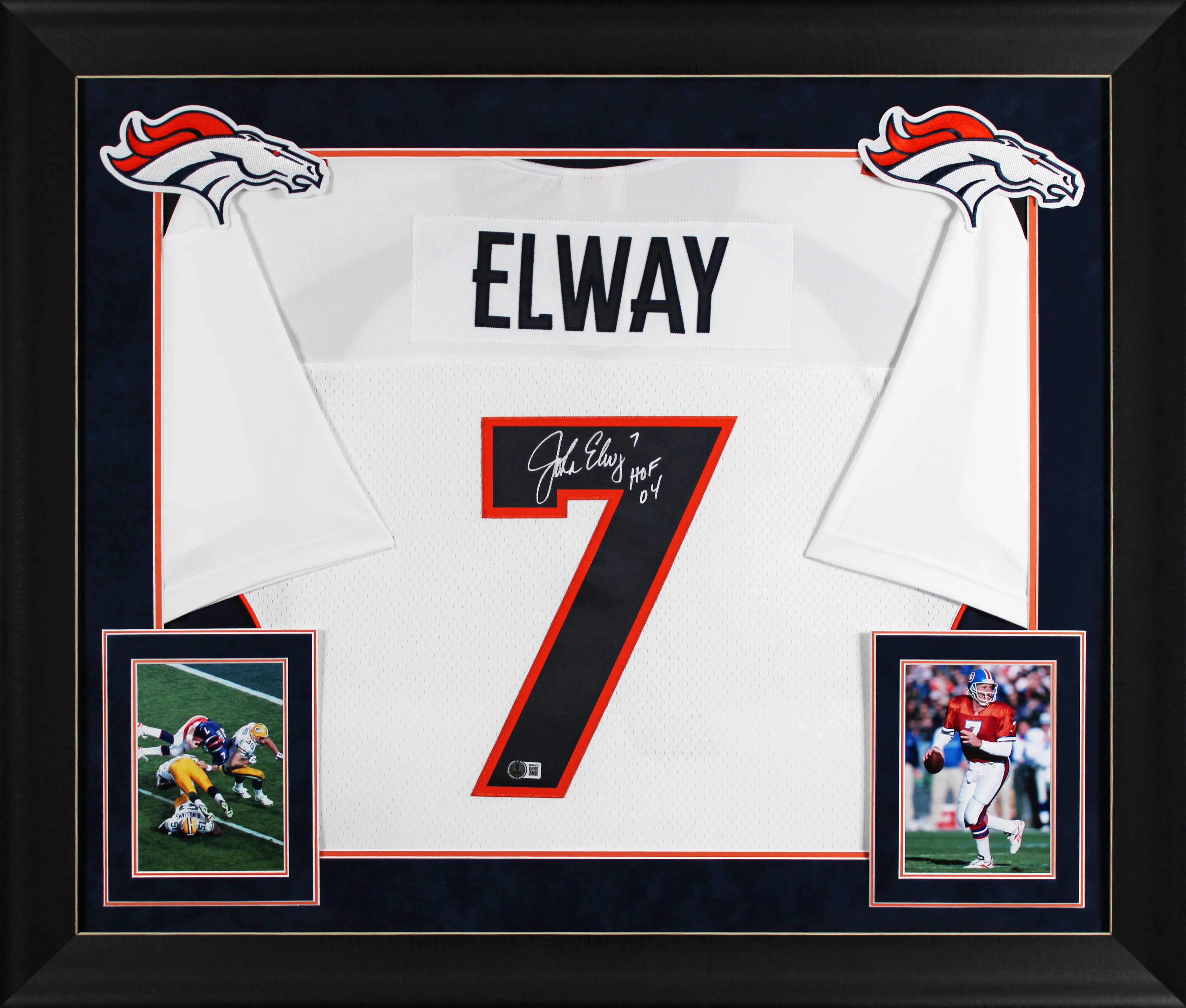 Broncos John Elway "HOF 04" Signed White 1998 M&N TB Framed Jersey BAS Witness - Image 2