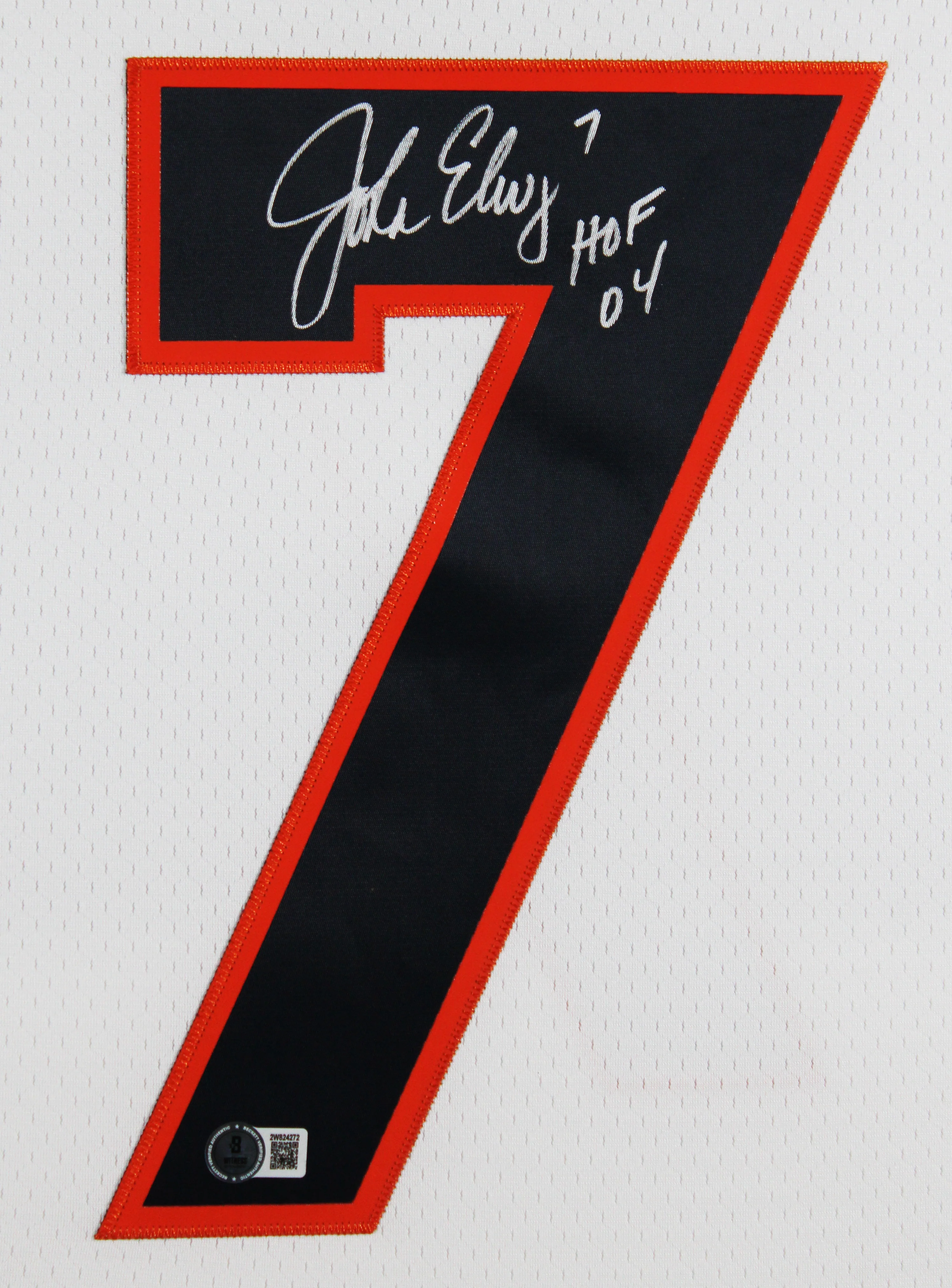 Broncos John Elway "HOF 04" Signed White 1998 M&N TB Framed Jersey BAS Witness - Image 3