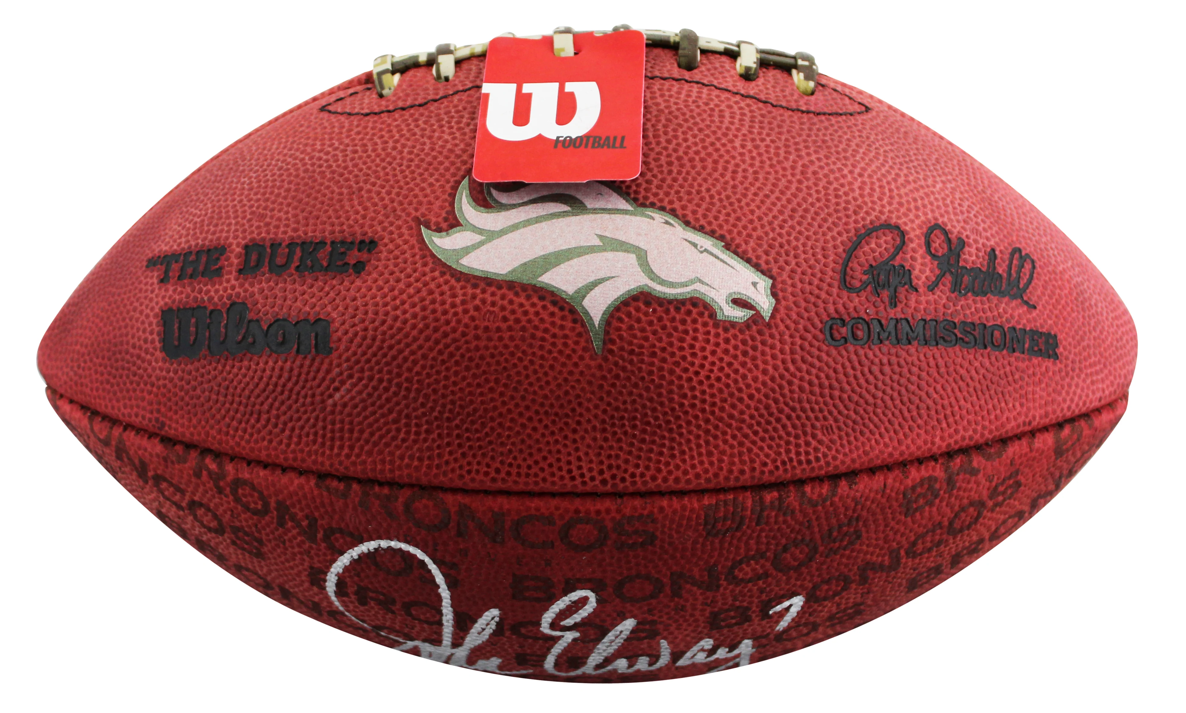 Broncos John Elway Signed Wilson "The Duke" Team Showcase Football BAS Witnessed - Image 4