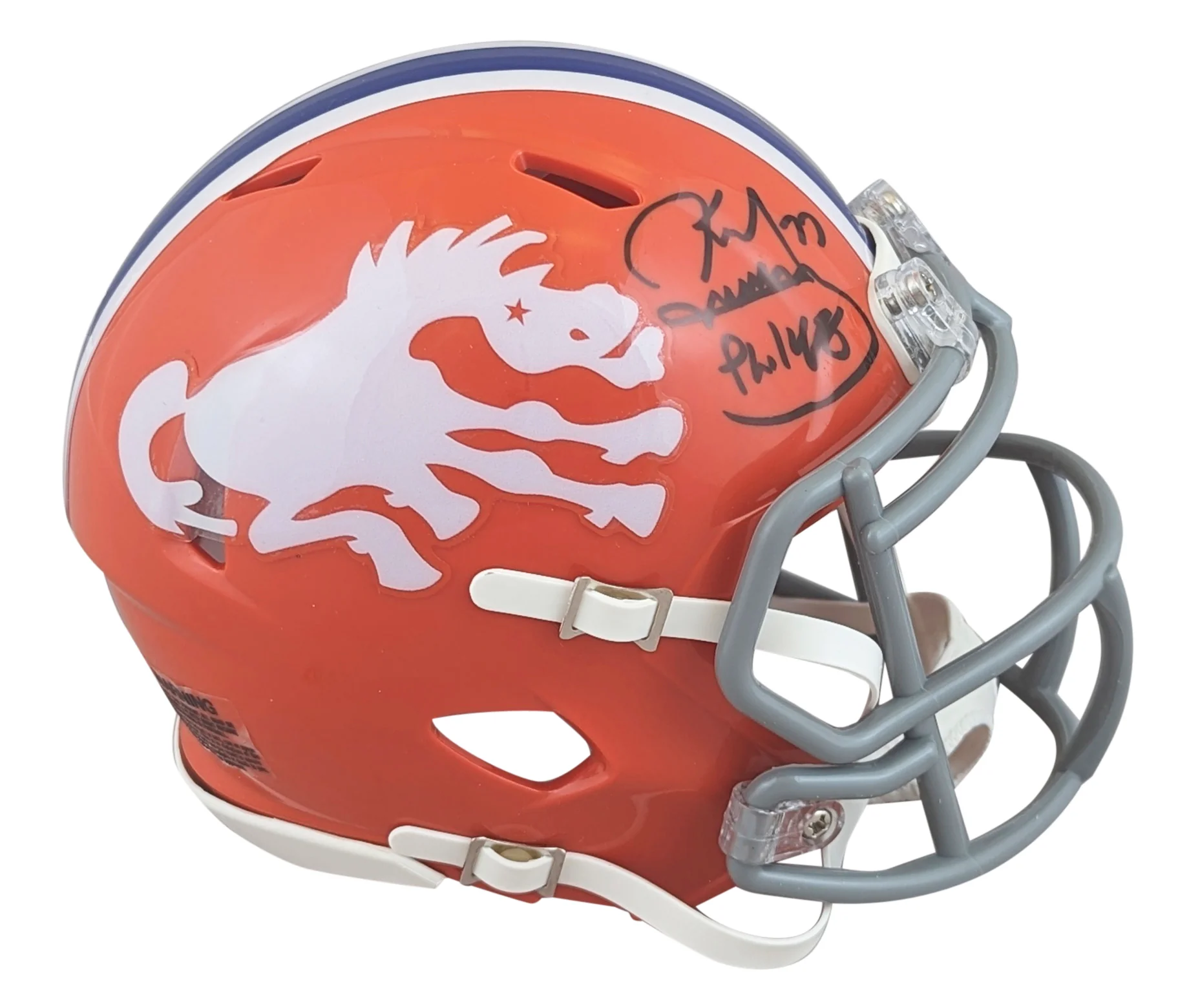 Broncos Karl Mecklenburg Signed 1966 TB Speed Mini Helmet W/ Case BAS Witnessed - Image 3