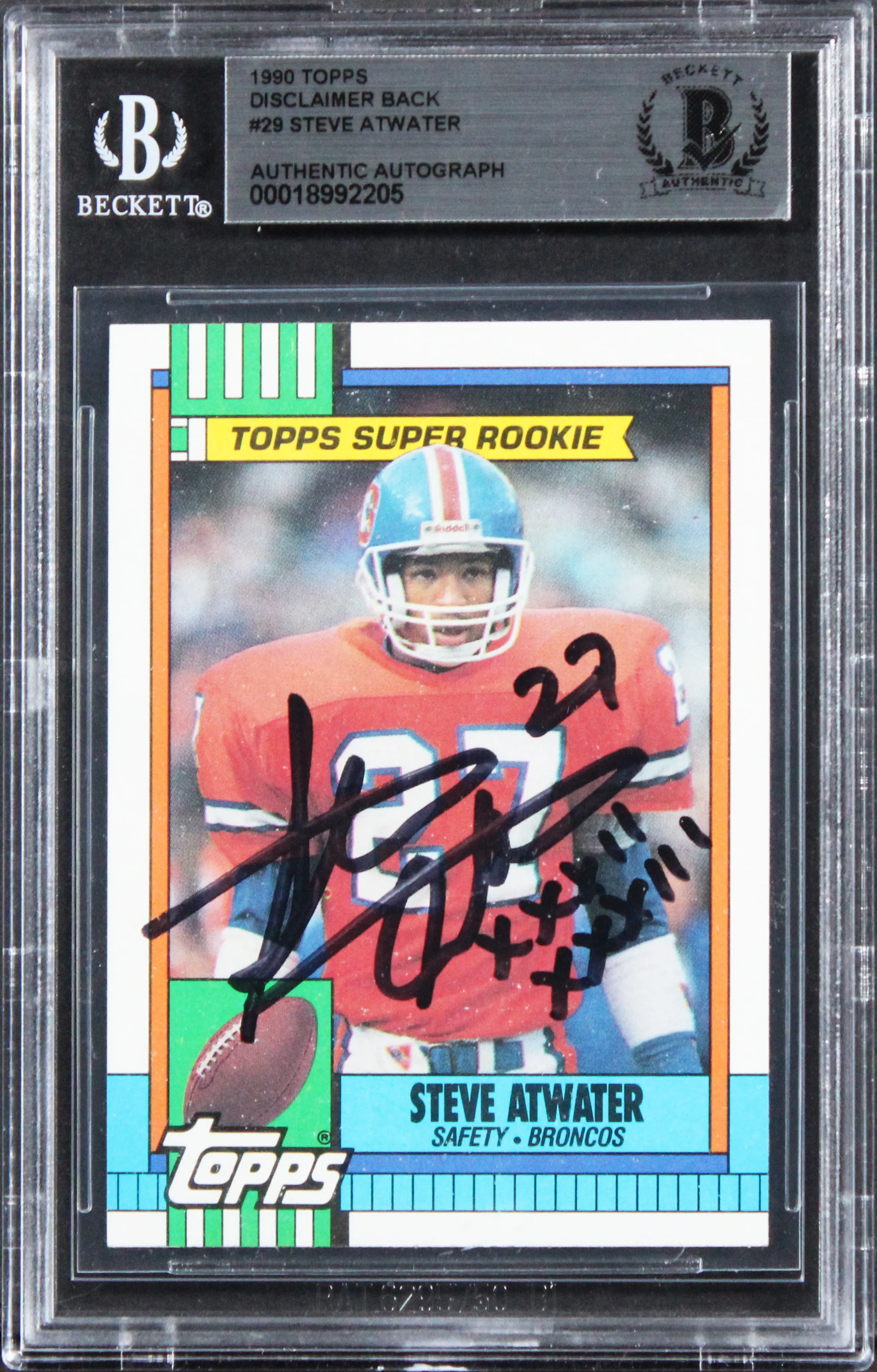 Broncos Steve Atwater "XXXII & XXXIII" Signed 1990 Topps #29 Card BAS Slabbed - Image 2