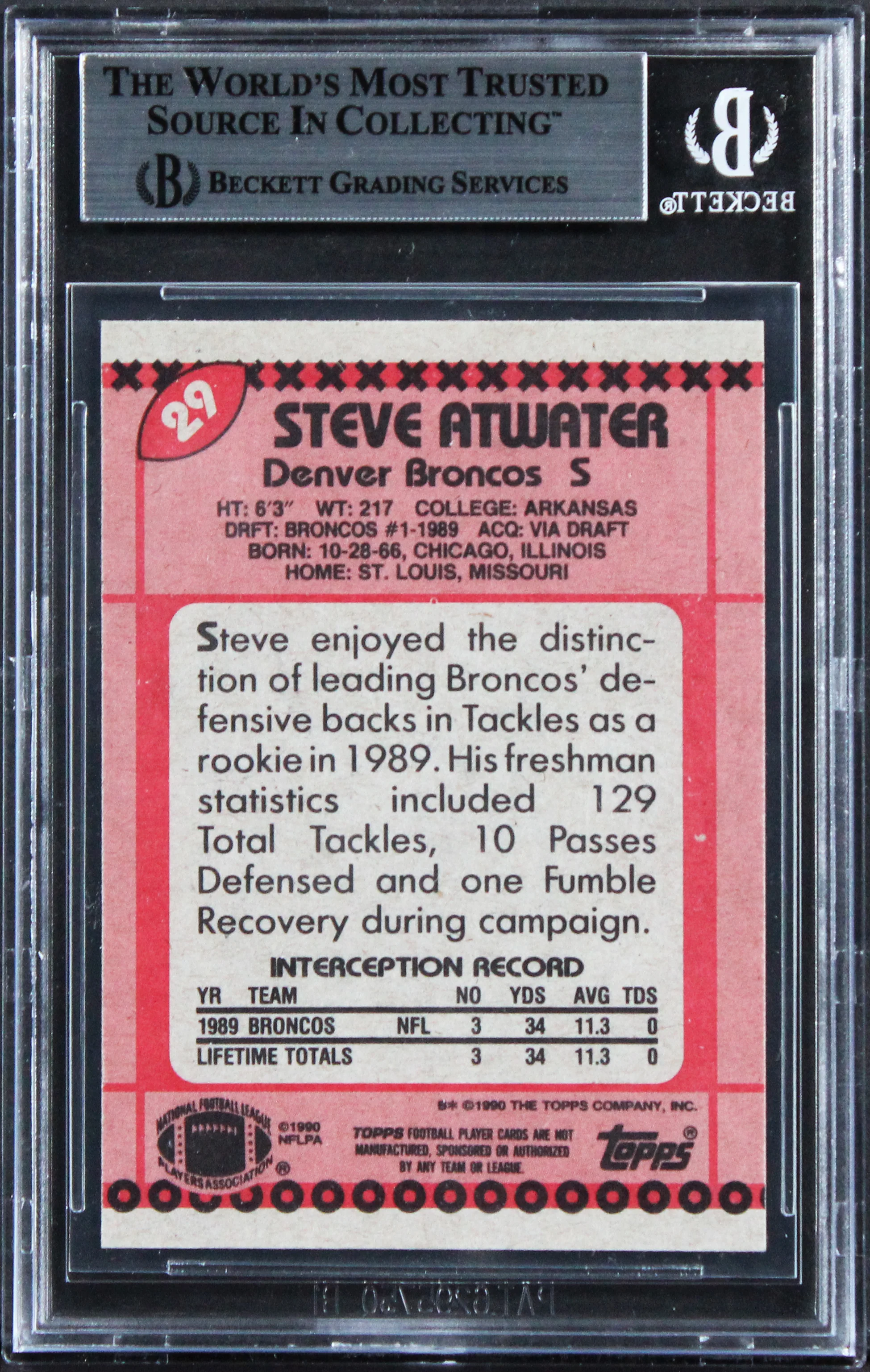 Broncos Steve Atwater "XXXII & XXXIII" Signed 1990 Topps #29 Card BAS Slabbed - Image 3