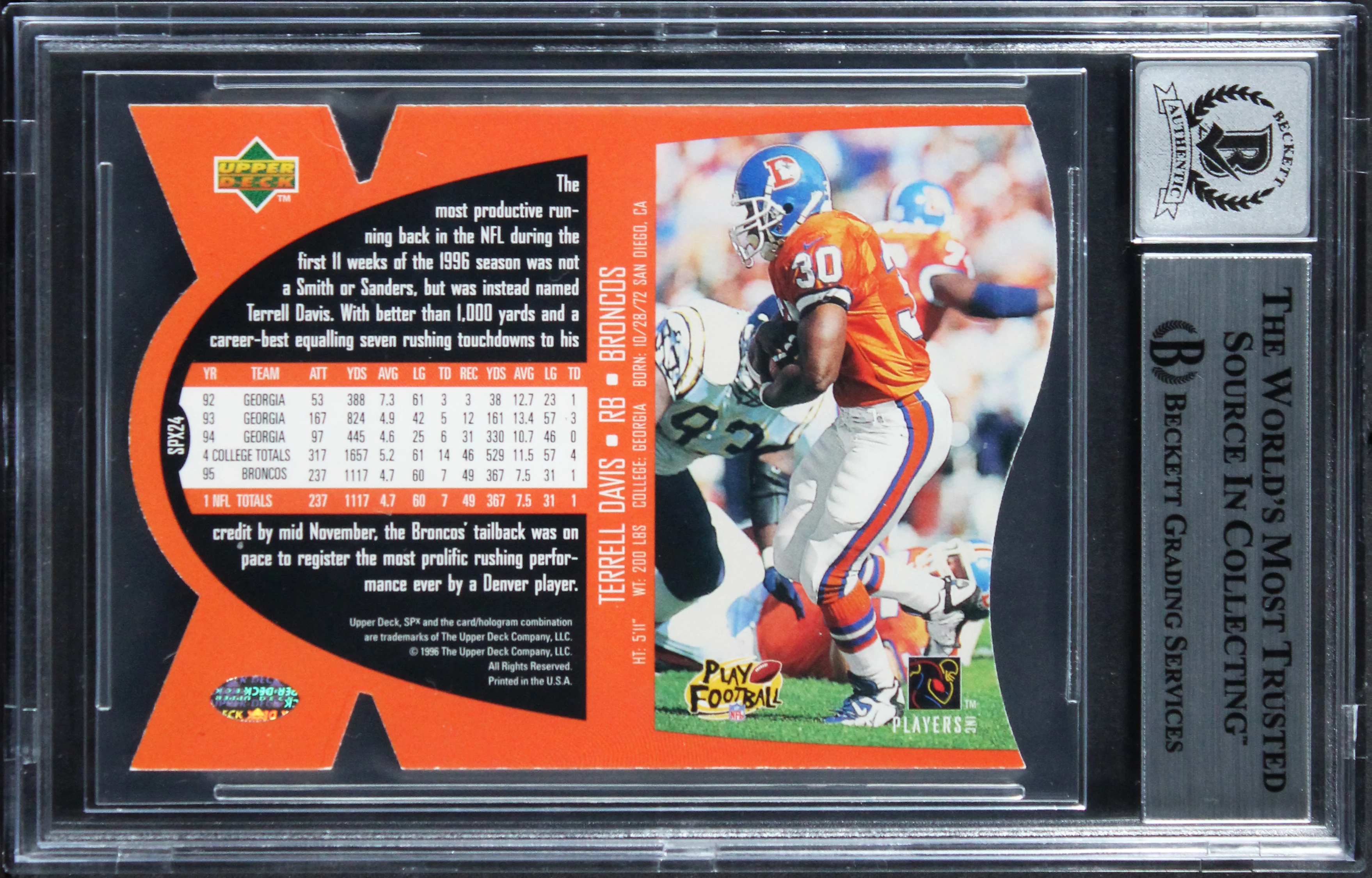 Broncos Terrell Davis "HOF 17" Signed 1997 SPX #24 Card Auto Grade 10! BAS Slab - Image 3