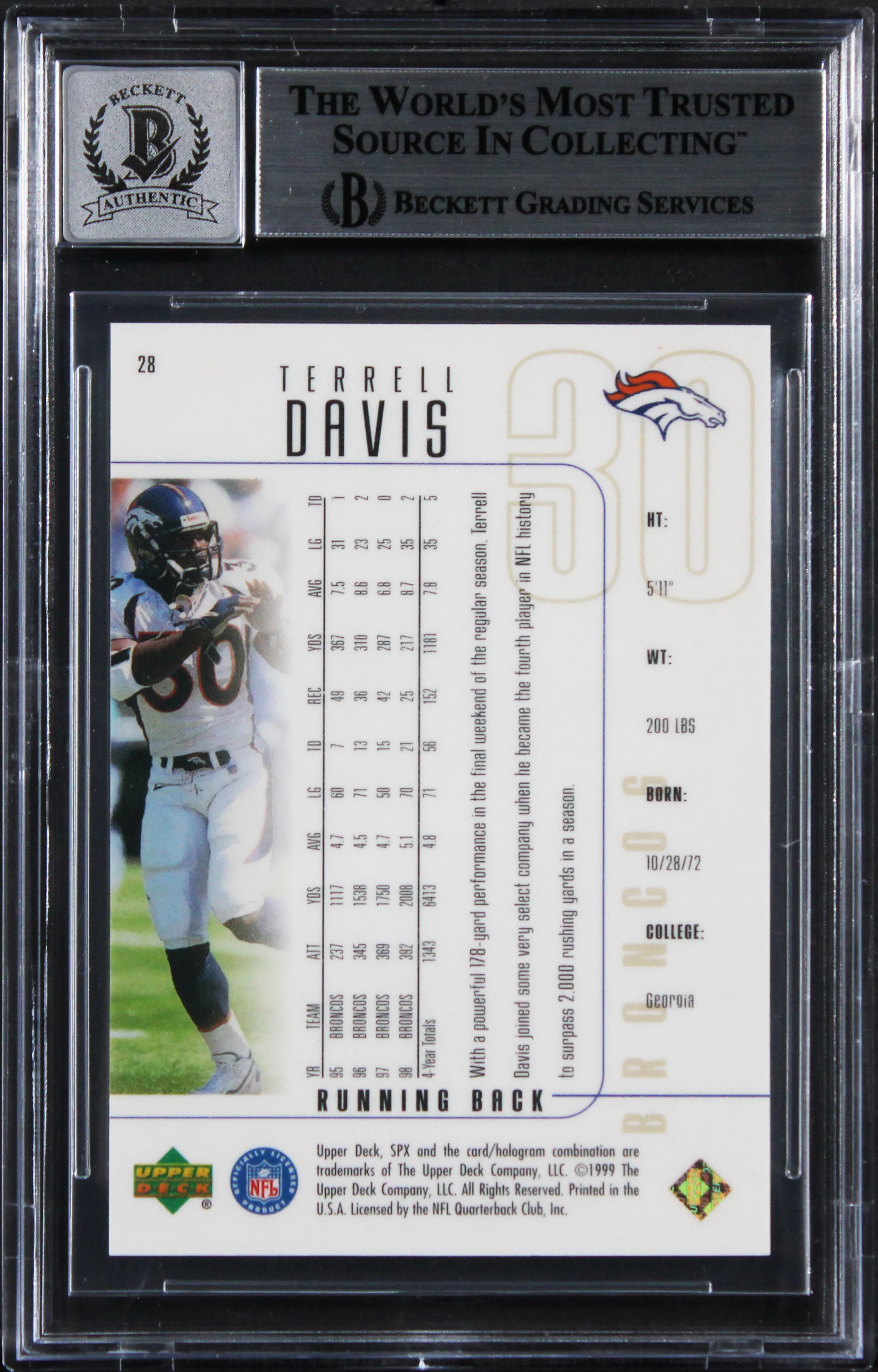 Broncos Terrell Davis "HOF 17" Signed 1999 SPX #28 Card Auto 10! BAS Slabbed - Image 3