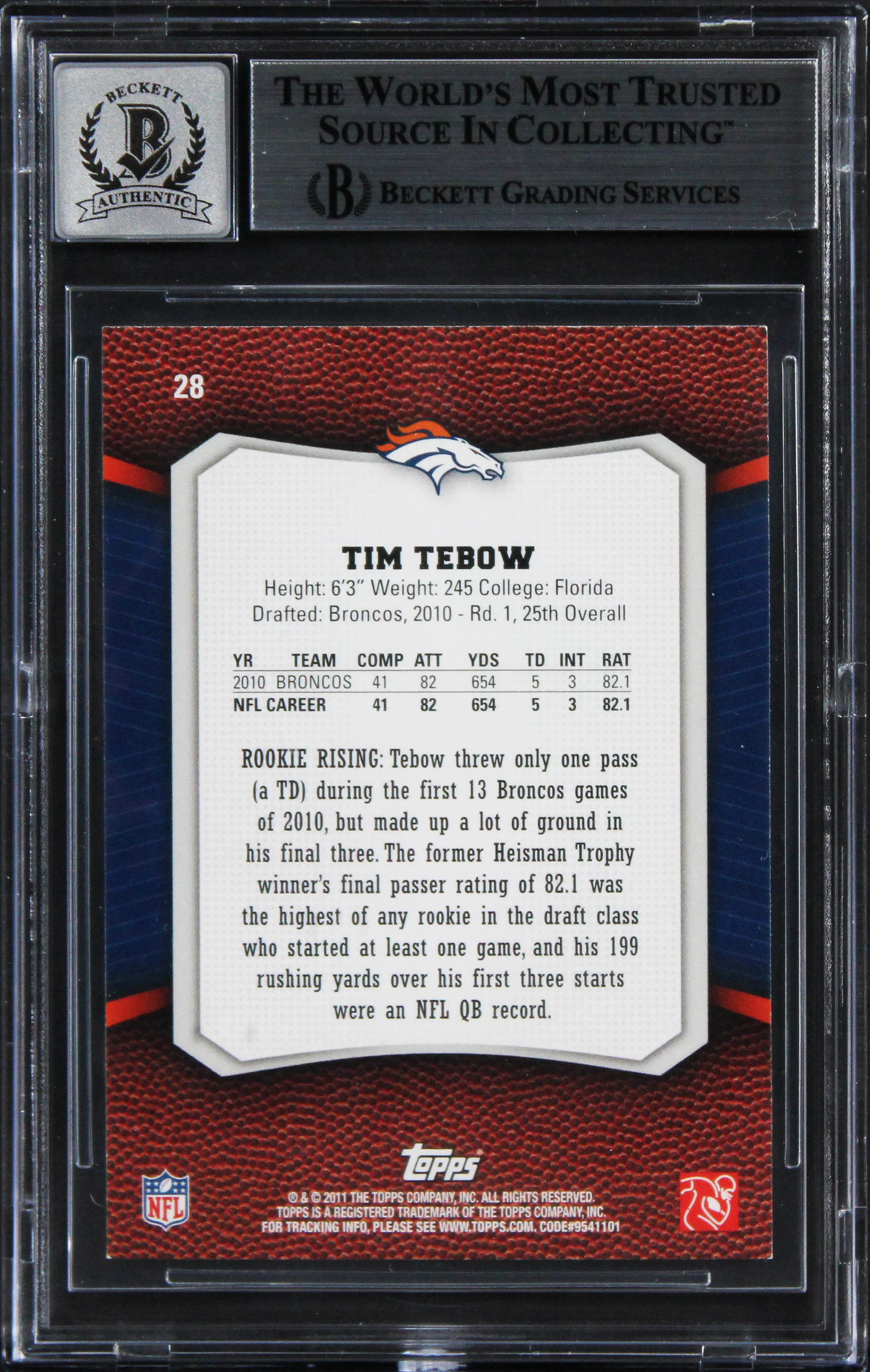 Broncos Tim Tebow Signed 2011 Topps Rising Rookies #28 Card Auto 10! BAS Slabbed - Image 3