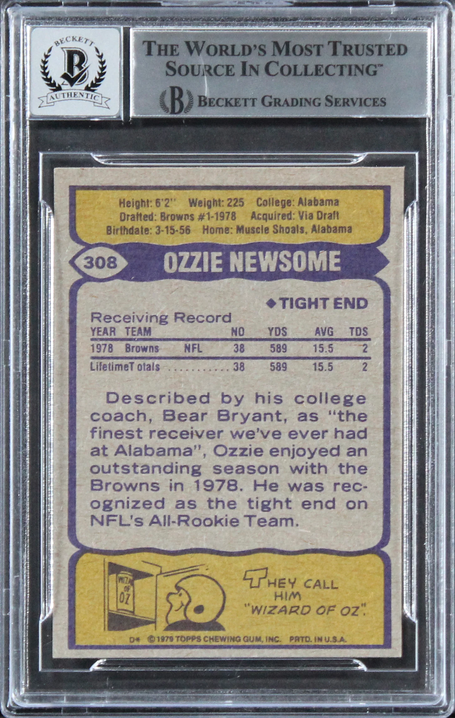 Browns Ozzie Newsome "HOF 99" Signed 1979 Topps #308 Card Auto 10! BAS Slabbed - Image 3