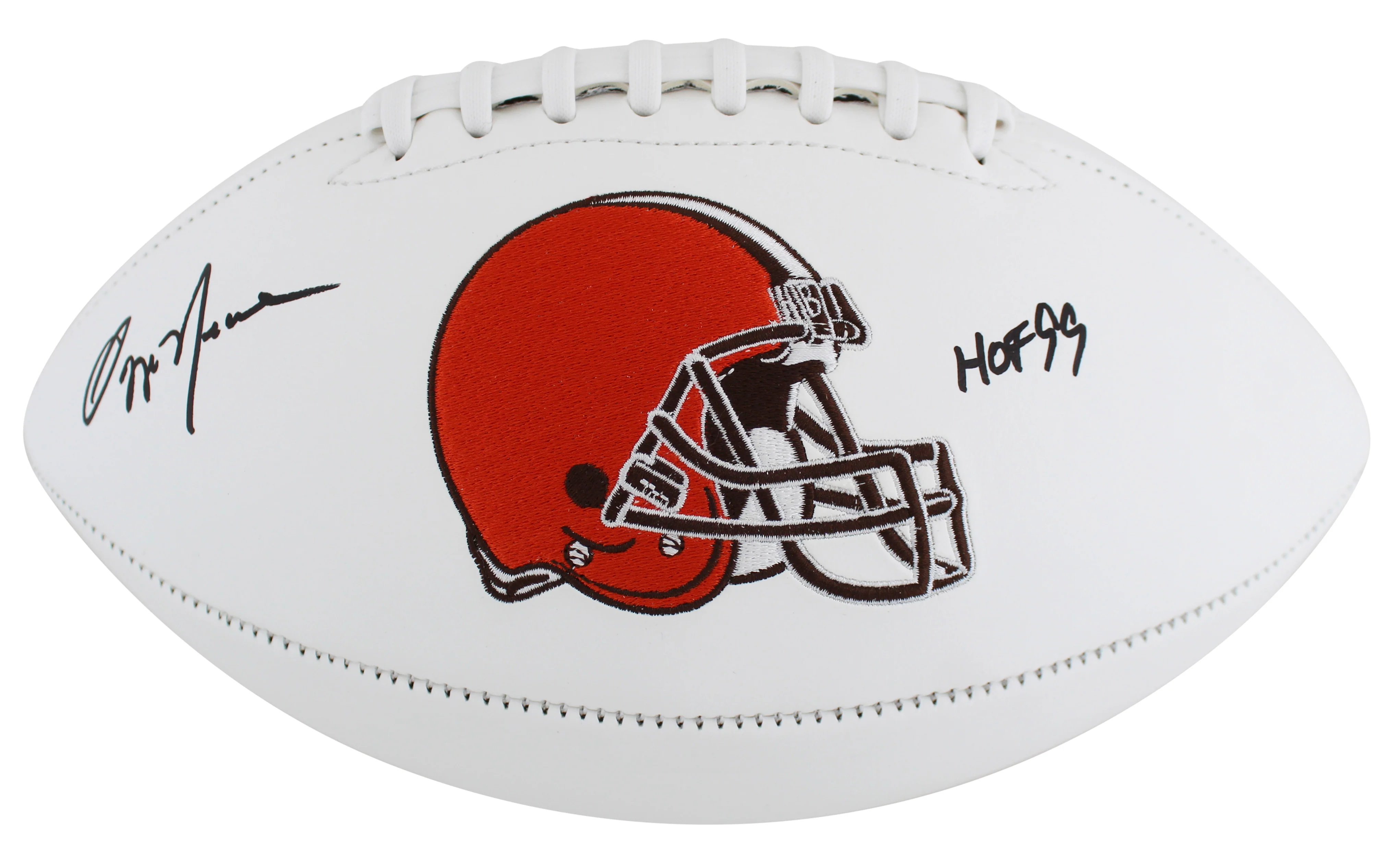 Browns Ozzie Newsome "HOF 99" Signed White Panel Logo Football BAS Witnessed - Image 3