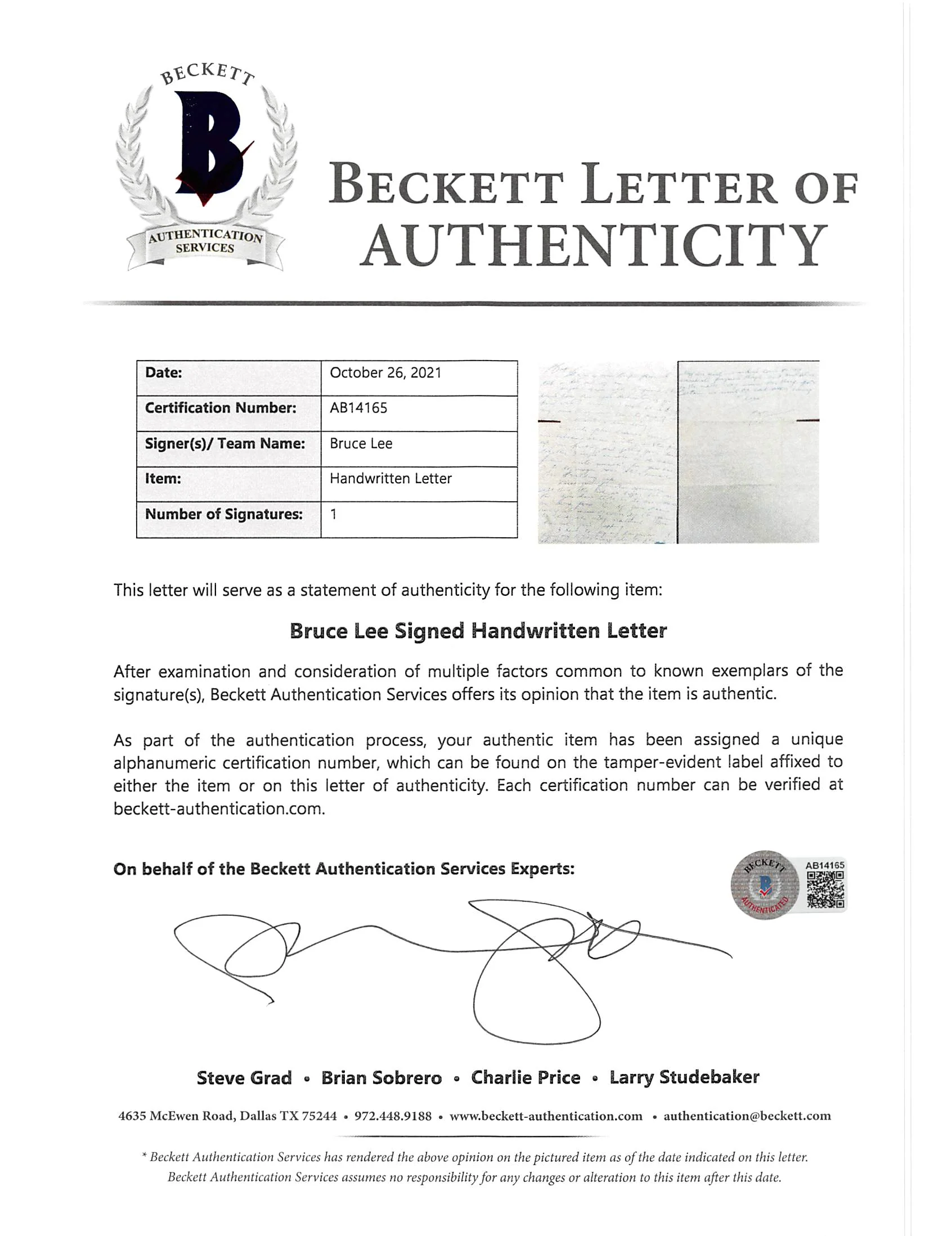 Bruce Lee Authentic Signed 8.5x11 1972 Handwritten Letter BAS #AB14165 - Image 8