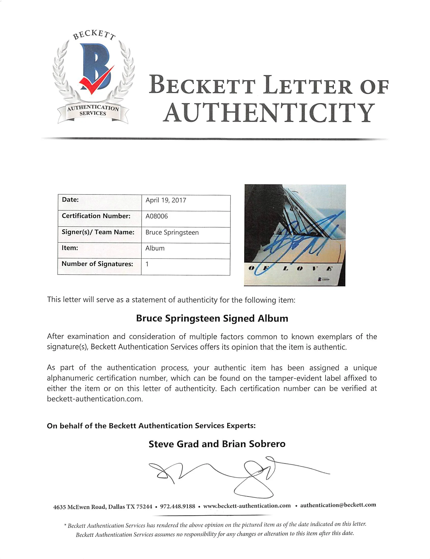 Bruce Springsteen Authentic Signed Tunnel of Love Album Cover BAS #A08006 - Image 5
