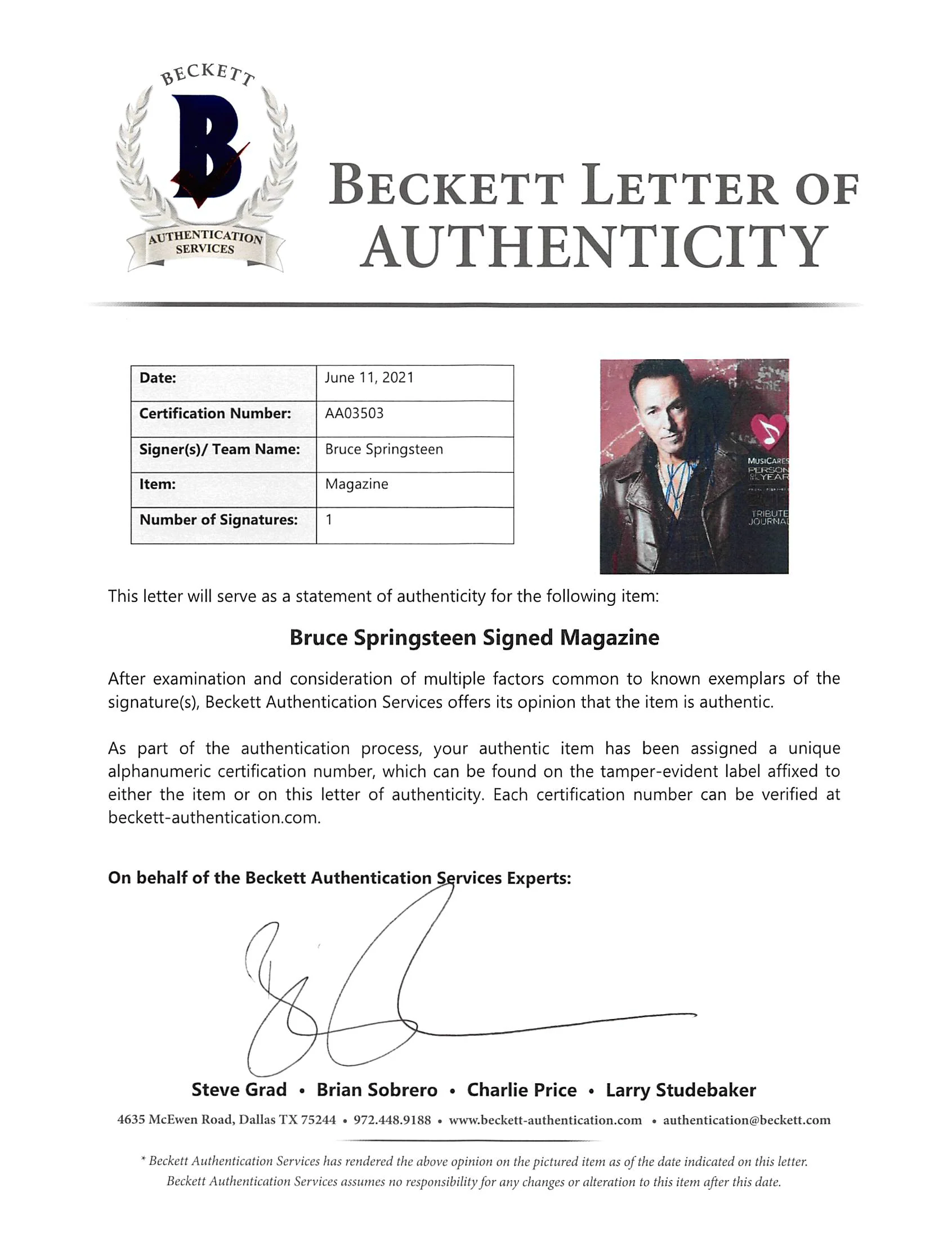 Bruce Springsteen Signed 2013 MusiCares Person Of The Year Tribute BAS #AA03503 - Image 9