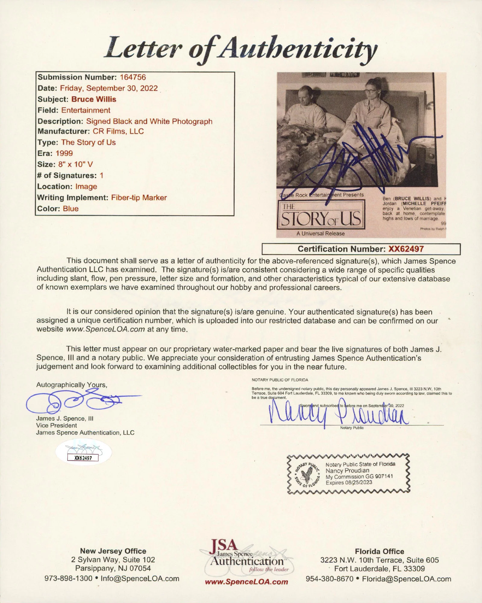 Bruce Willis The Story Of Us Authentic Signed 8x10 Vertical Photo JSA #XX62497 - Image 3
