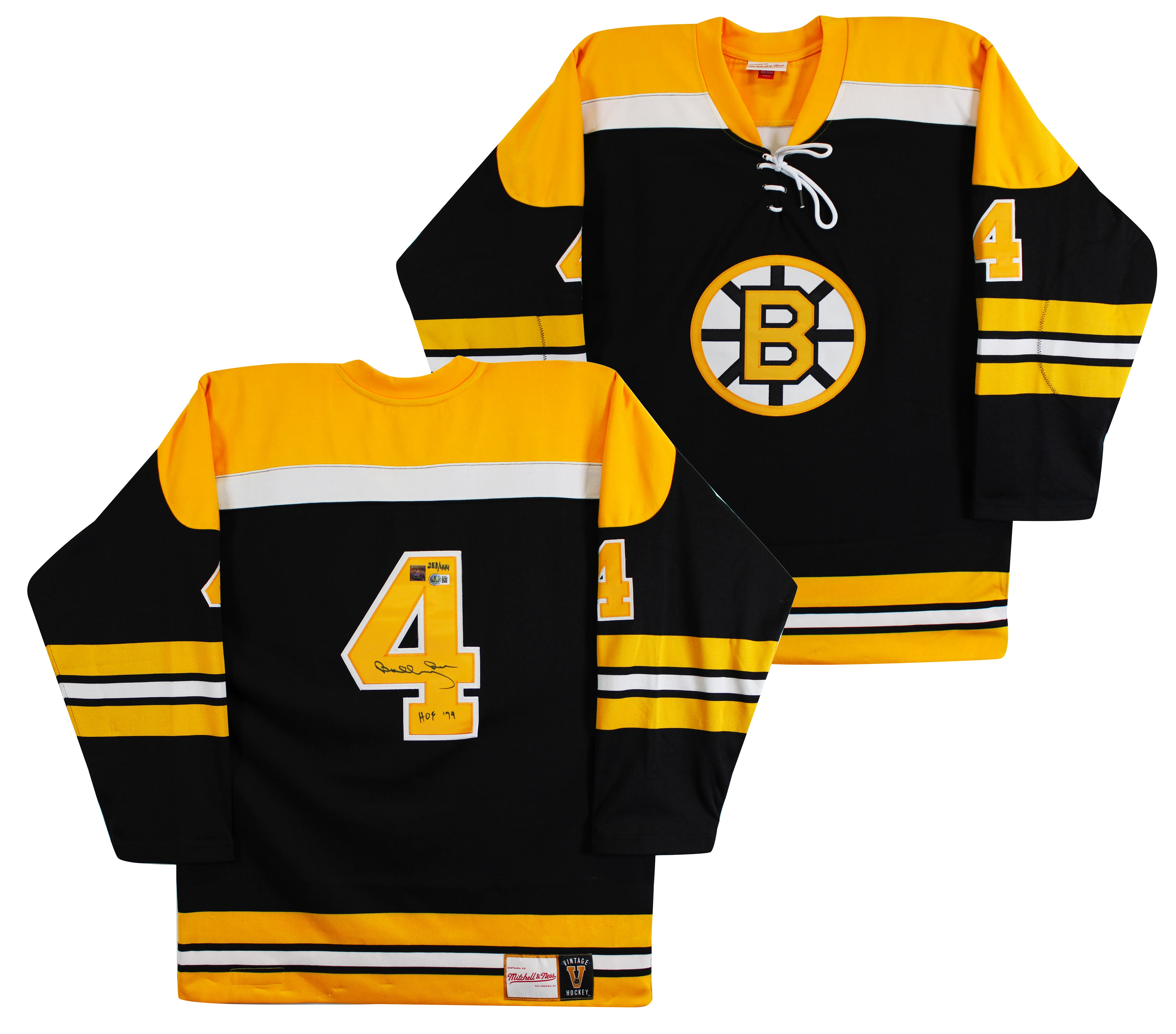 Bruins Bobby Orr "HOF 79" Signed Black Vintage M&N Throwback Jersey BAS & GNR