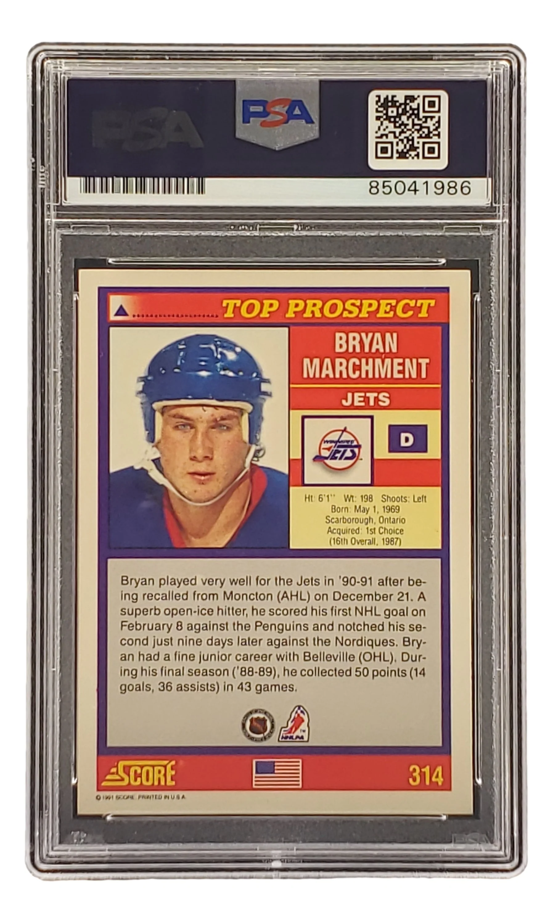 Bryan Marchment Signed 1991 Score #314 Winnipeg Jets Hockey Card PSA/DNA - Image 2