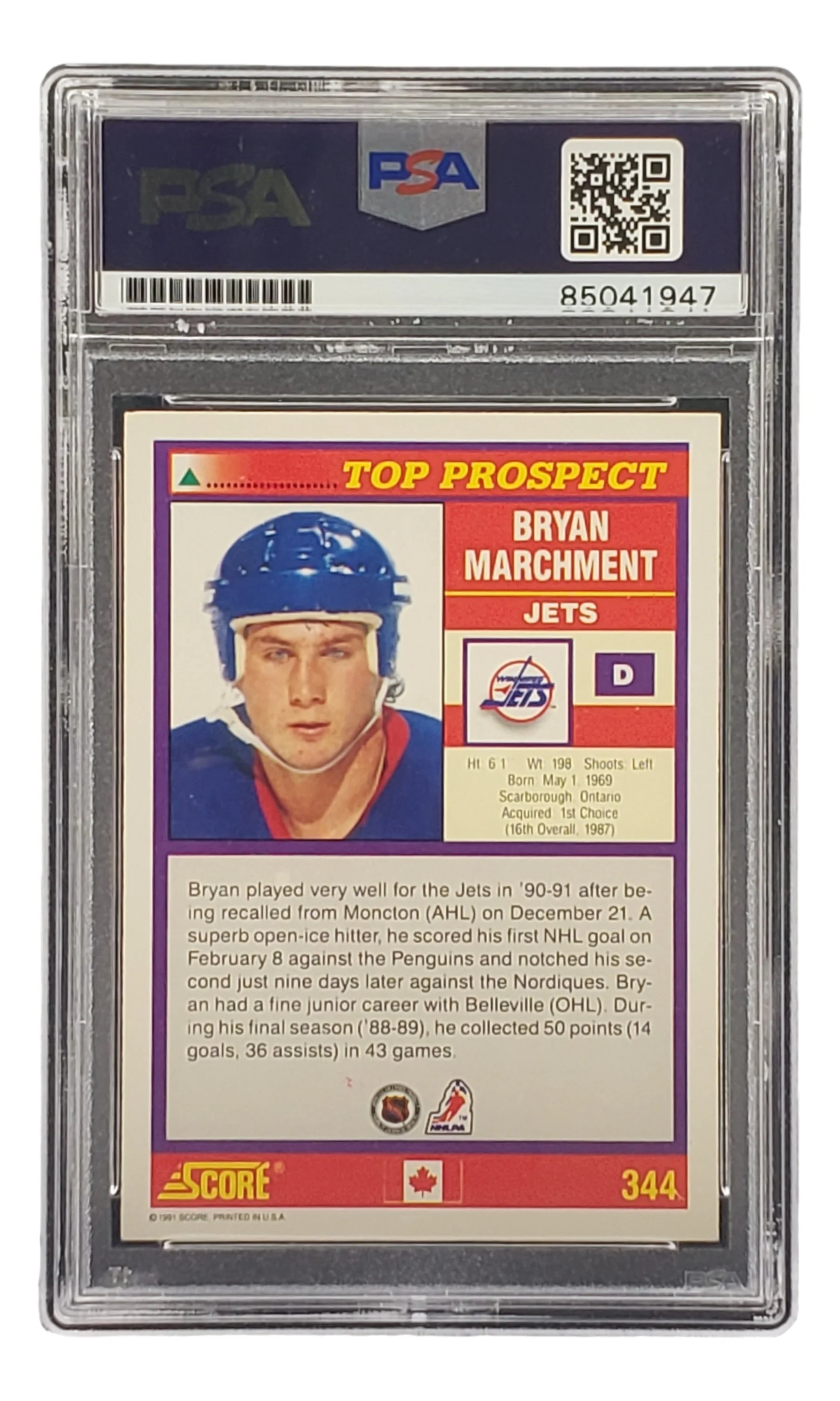 Bryan Marchment Signed 1991 Score #344 Winnipeg Jets Hockey Card PSA/DNA - Image 2