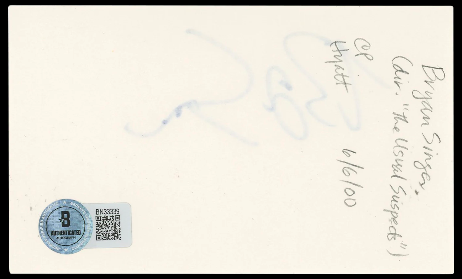 Bryan Singer The Usual Suspects Authentic Signed 3x5 Index Card BAS #BN33339 - Image 3