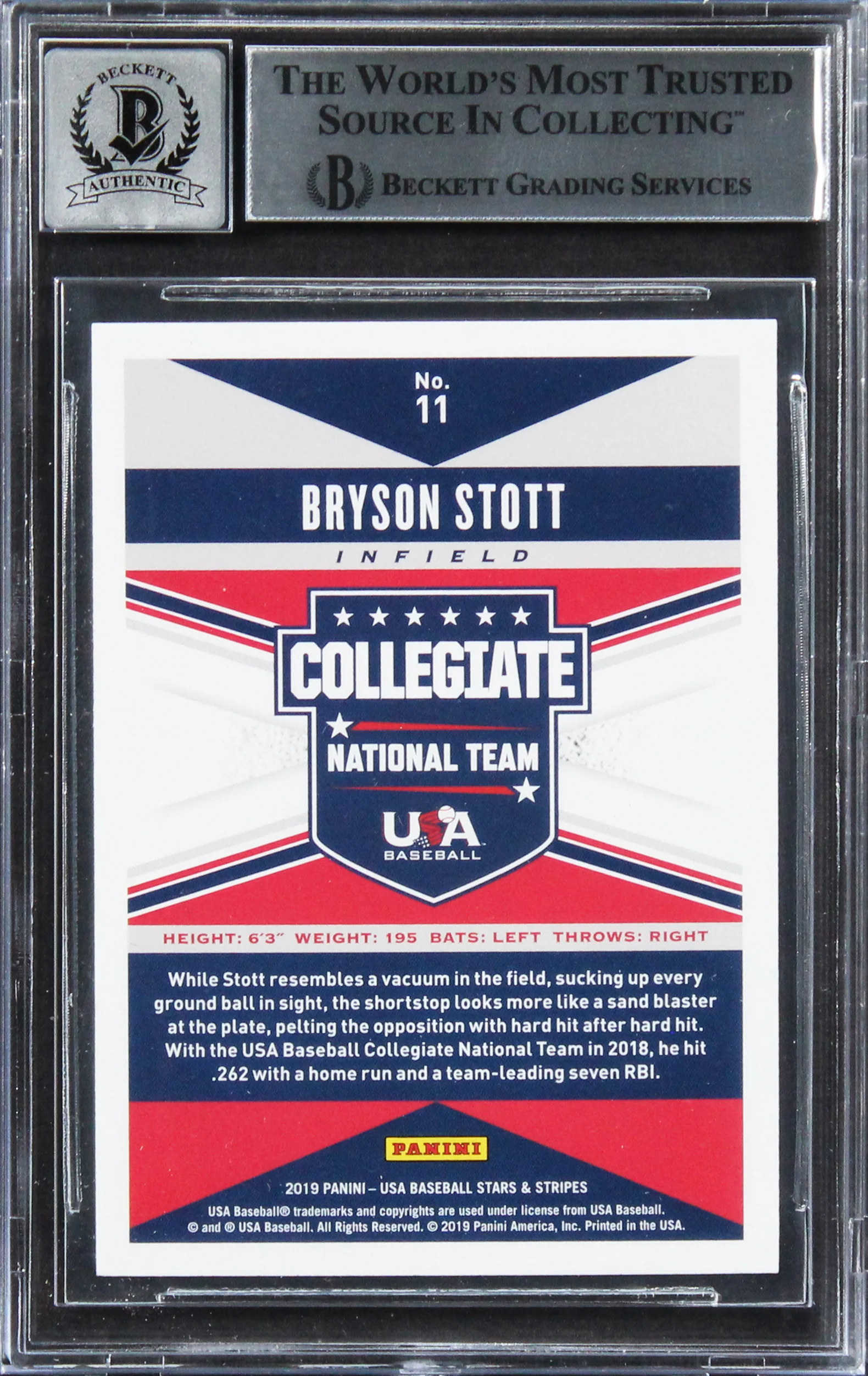 Bryson Scott Signed 2019 USA Baseball Stars & Stripes #11 Card Auto 10! BAS Slab - Image 3