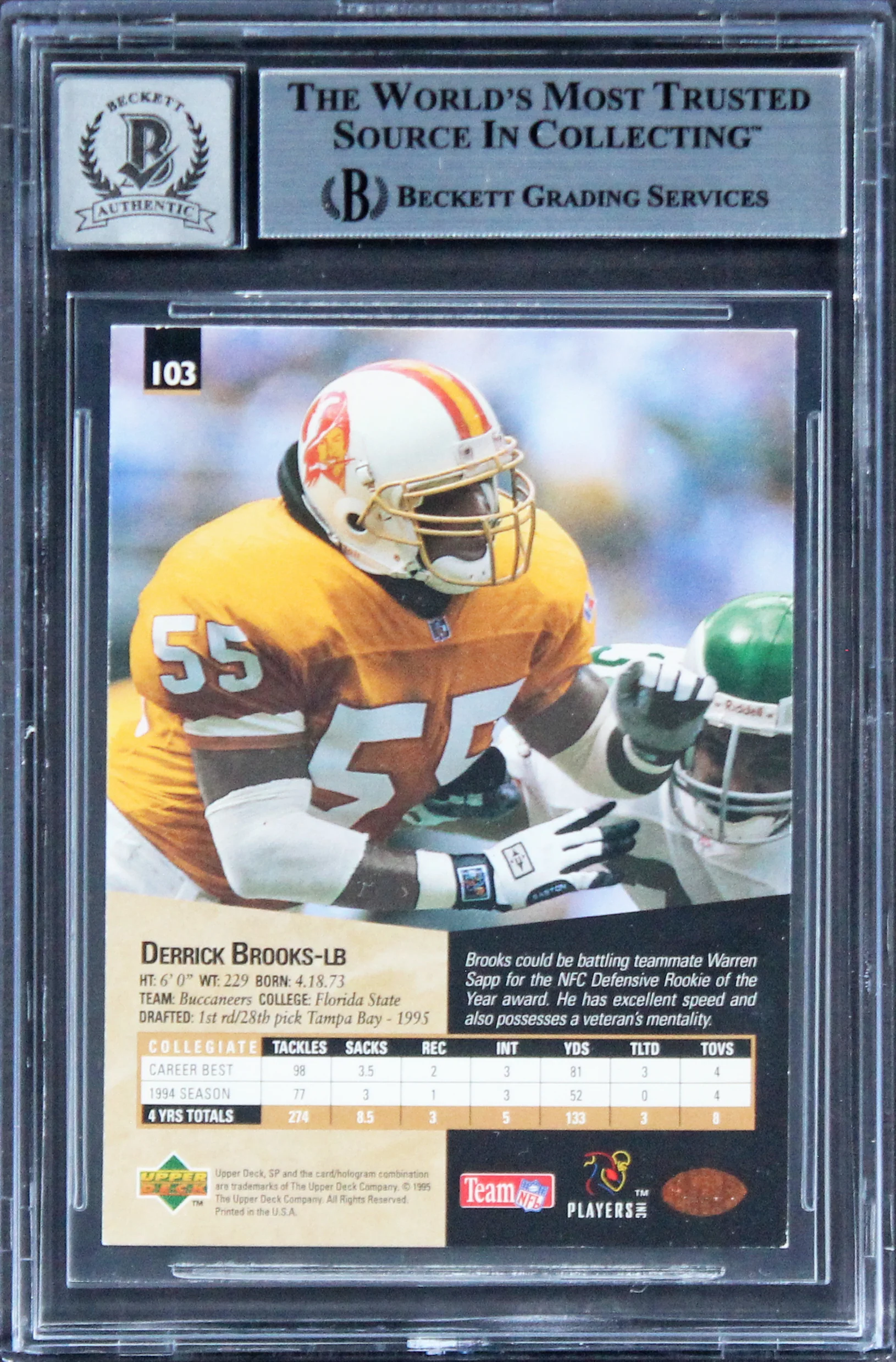 Buccaneers Derrick Brooks Authentic Signed 1995 SP #103 Card Auto 10! BAS Slab - Image 3