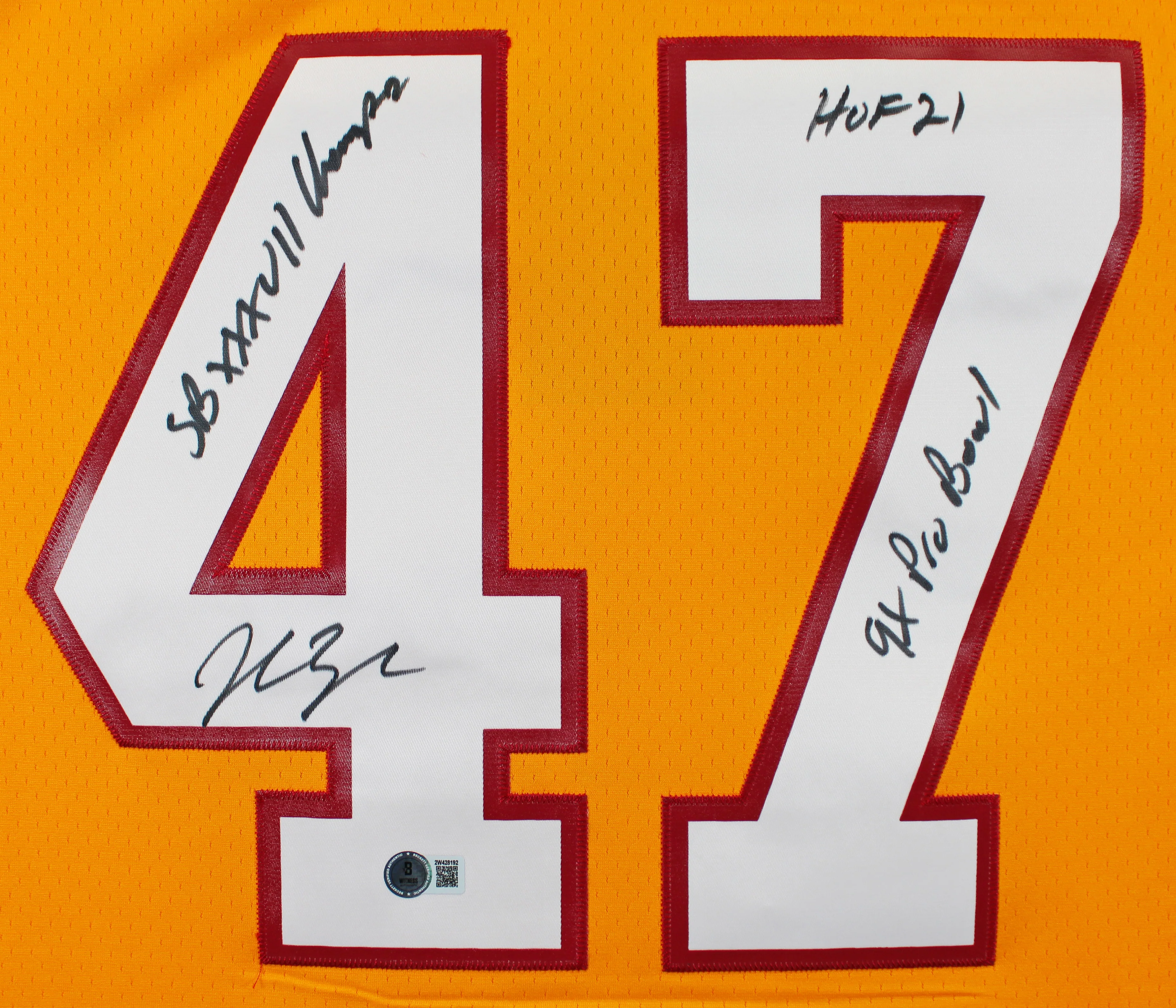 Buccaneers John Lynch "3x Insc" Signed Orange M&N TB Jersey BAS Witnessed - Image 3