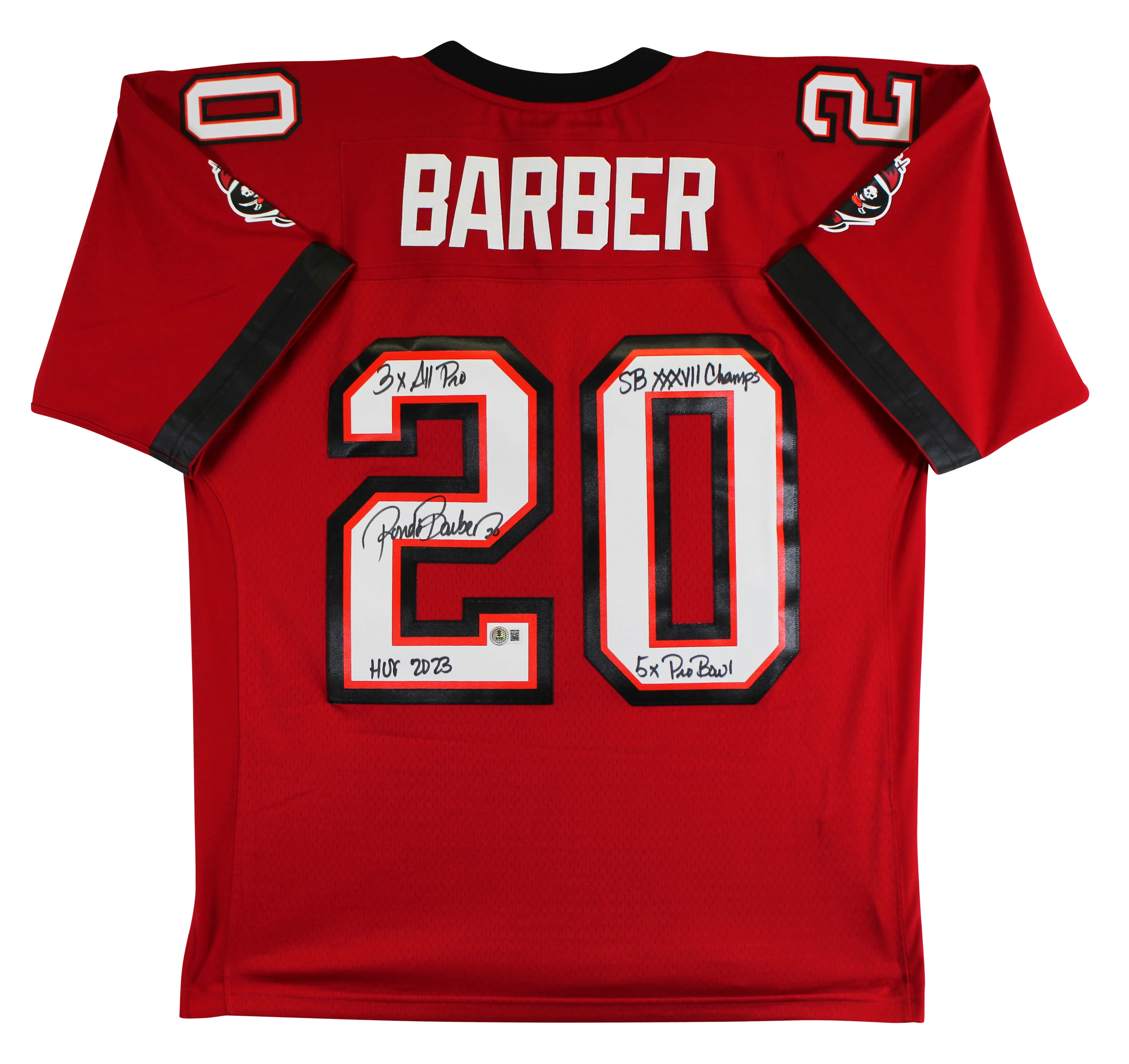 Buccaneers Ronde Barber "4x Insc" Signed Red M&N Throwback Jersey BAS Witnessed - Image 3