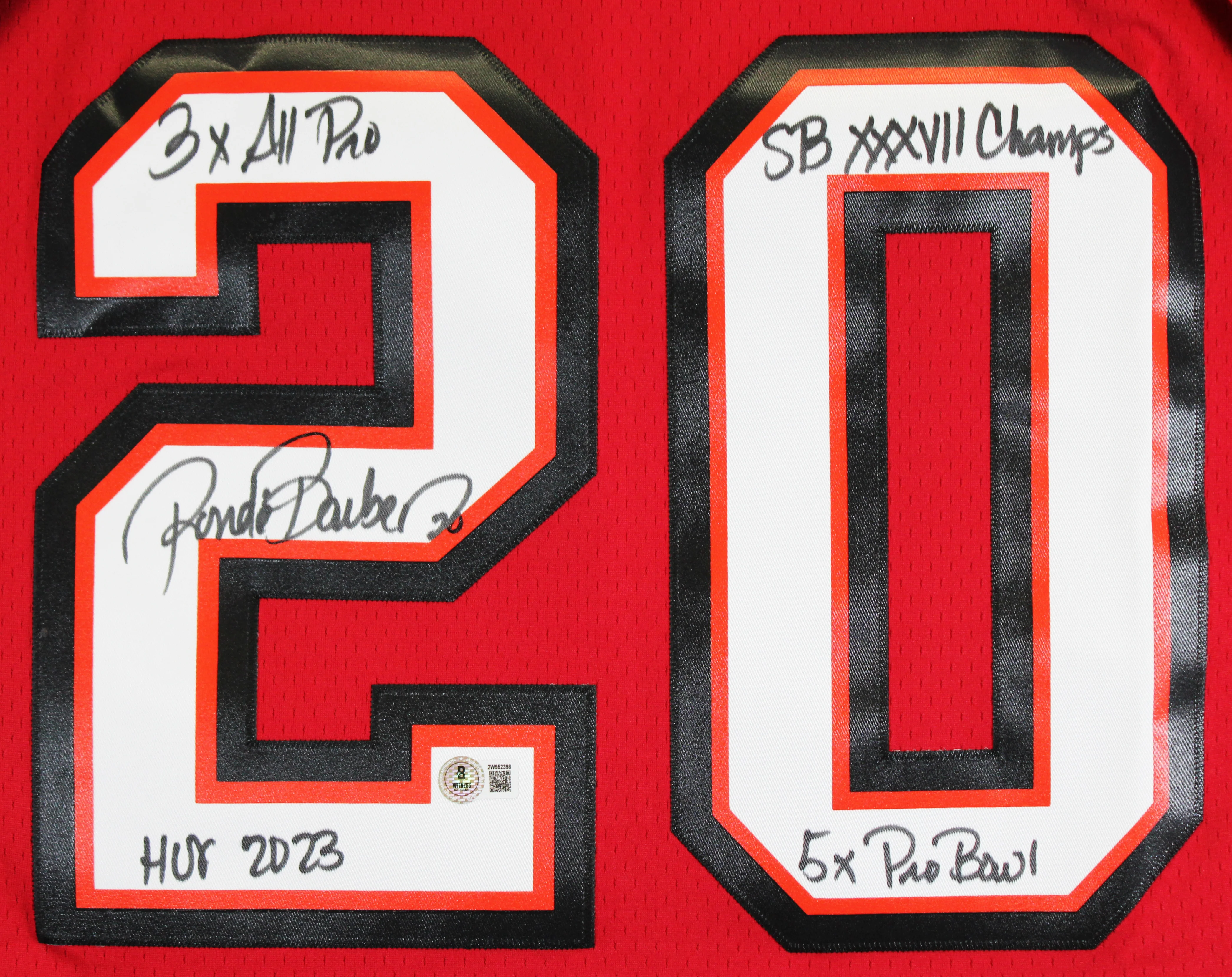 Buccaneers Ronde Barber "4x Insc" Signed Red M&N Throwback Jersey BAS Witnessed - Image 4