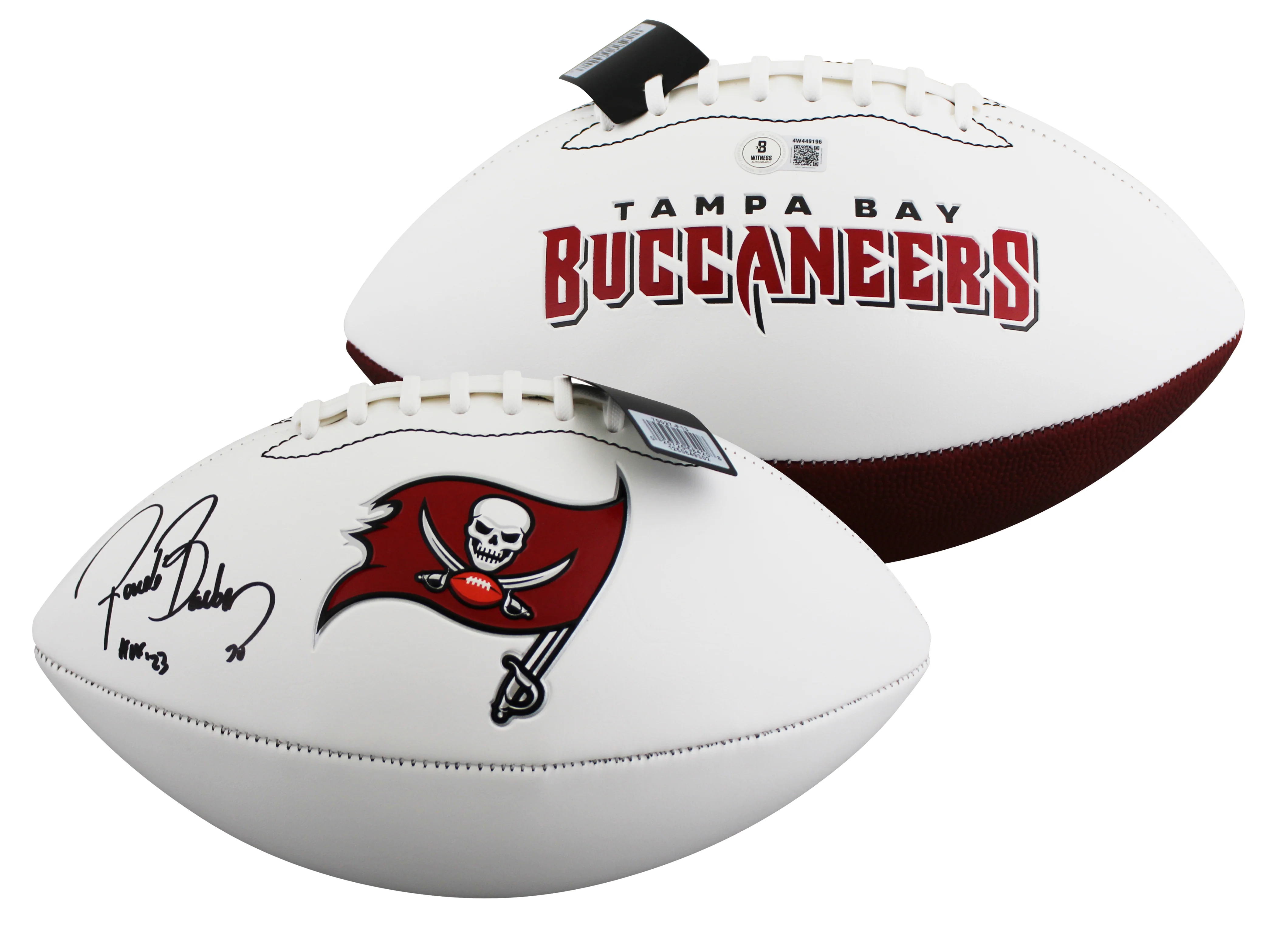 Buccaneers Ronde Barber "HOF 23" Signed White Panel Logo Football BAS Witnessed