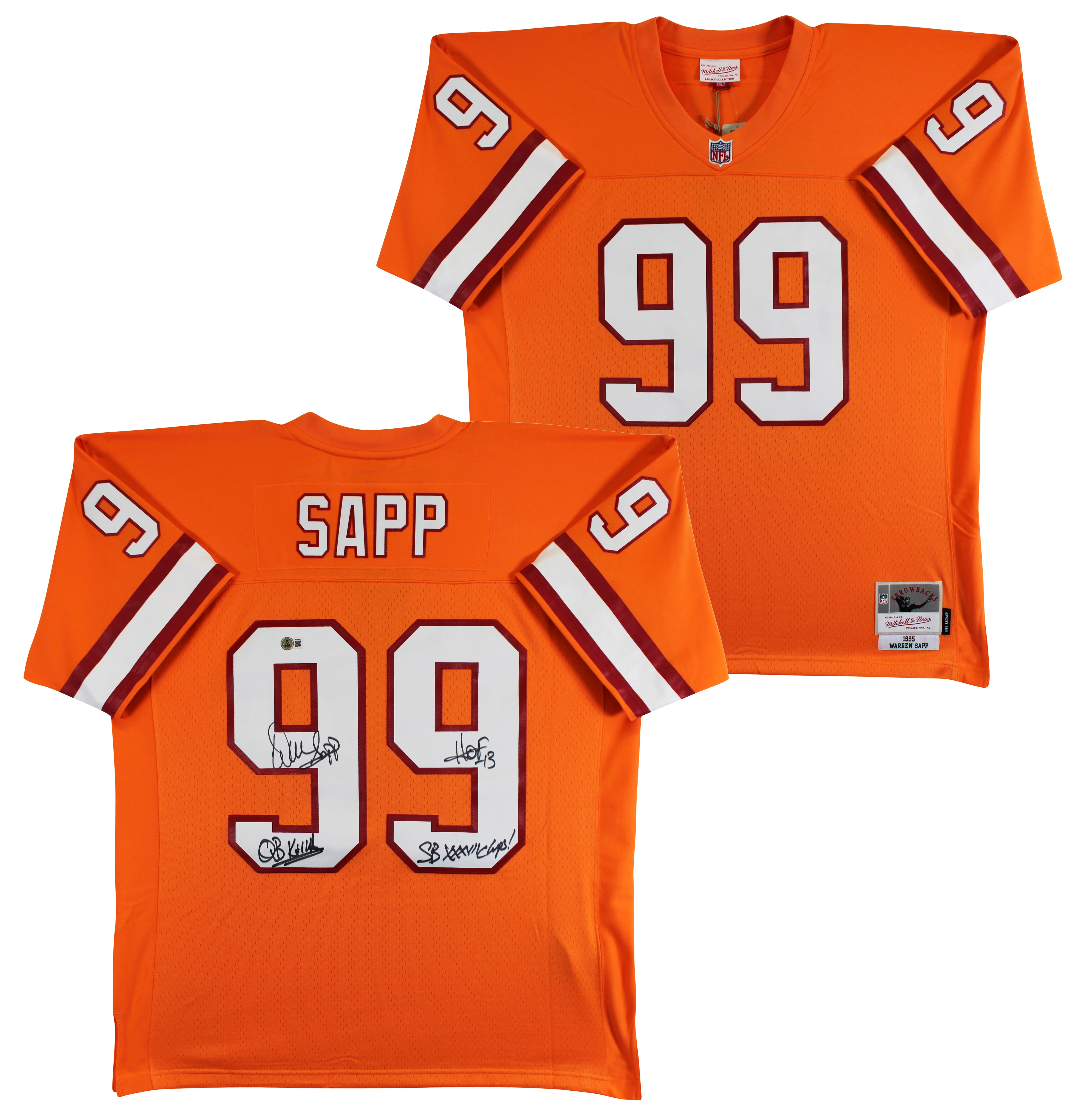 Buccaneers Warren Sapp "3x Insc" Signed Orange M&N TB Jersey BAS Witnessed - Image 2
