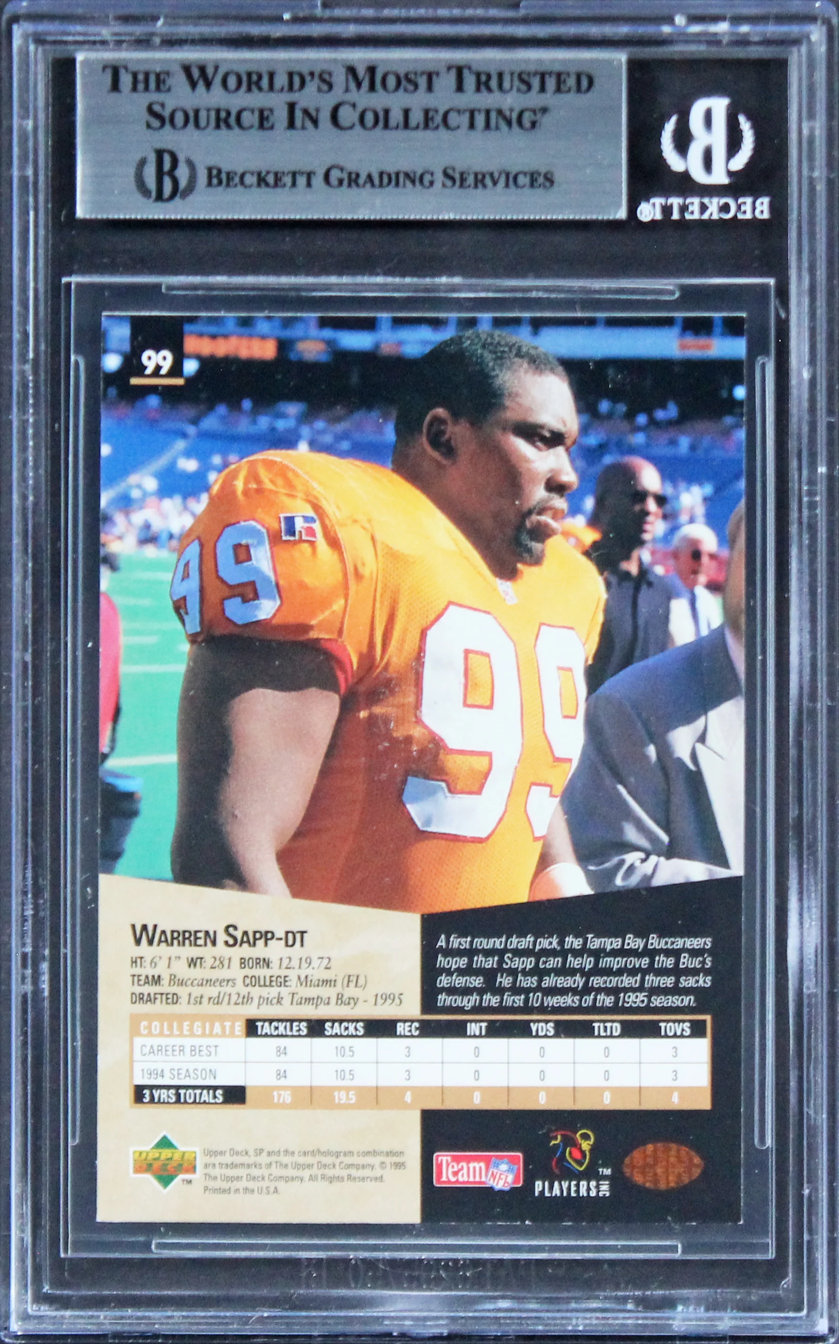 Buccaneers Warren Sapp "HOF 13" Signed 1995 SP #99 Rookie Card BAS Slabbed - Image 3