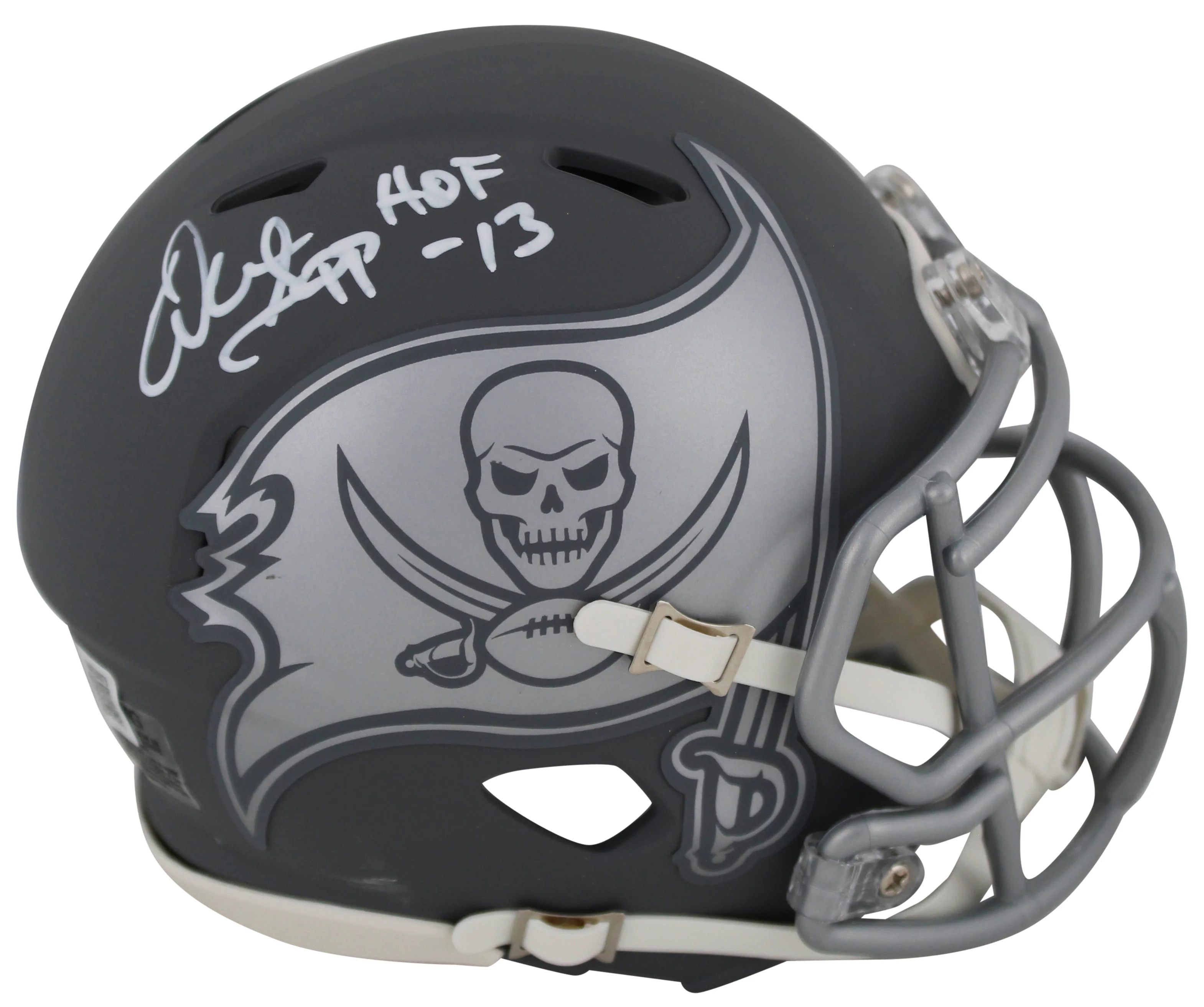 Buccaneers Warren Sapp "HOF 13" Signed Slate Speed Mini Helmet BAS Witnessed - Image 2