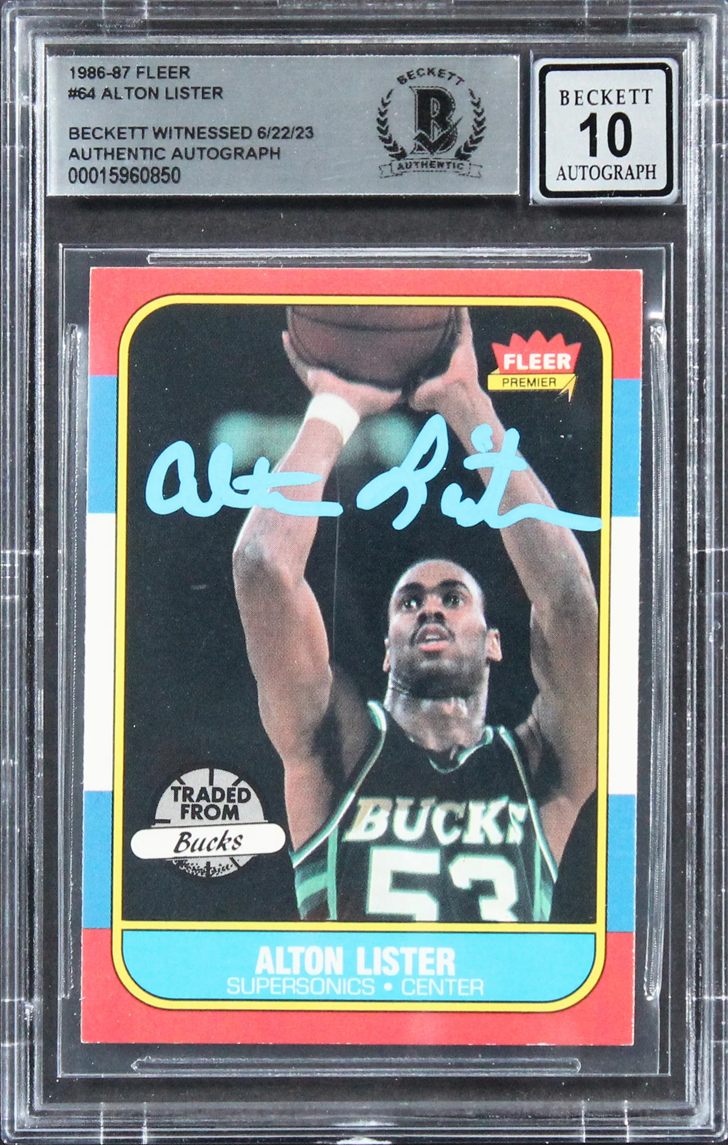 Bucks Alton Lister Signed 1986 Fleer #64 Card Auto 10! BAS Slabbed Rare! - Image 2