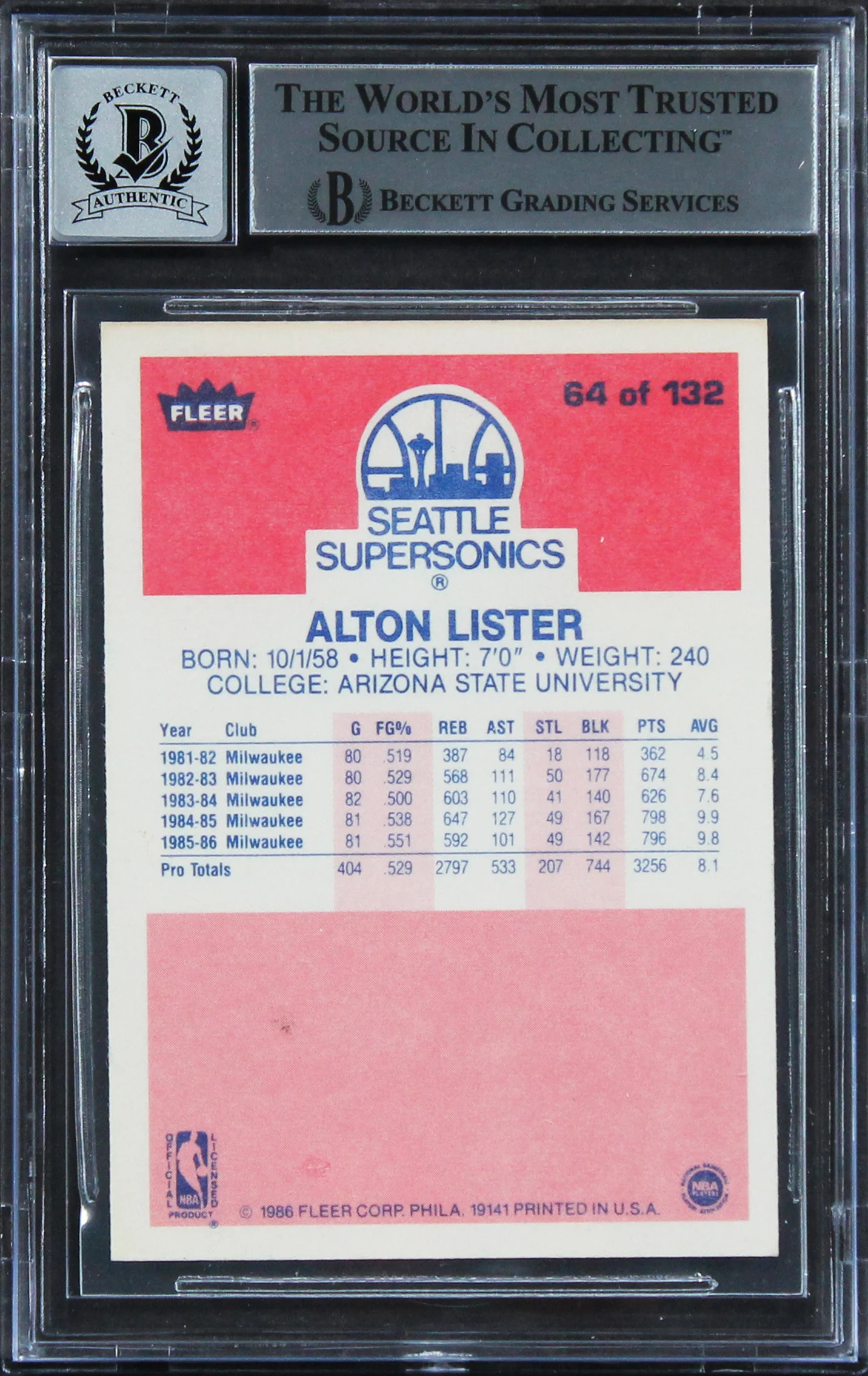 Bucks Alton Lister Signed 1986 Fleer #64 Card Auto 10! BAS Slabbed Rare! - Image 3