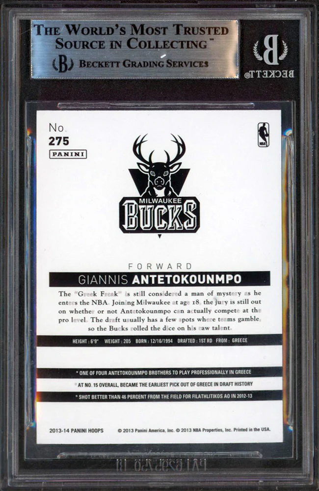 Bucks Giannis Antetokounmpo Signed 2013-14 Hoops #275 Rookie Card BAS Slab - Image 3