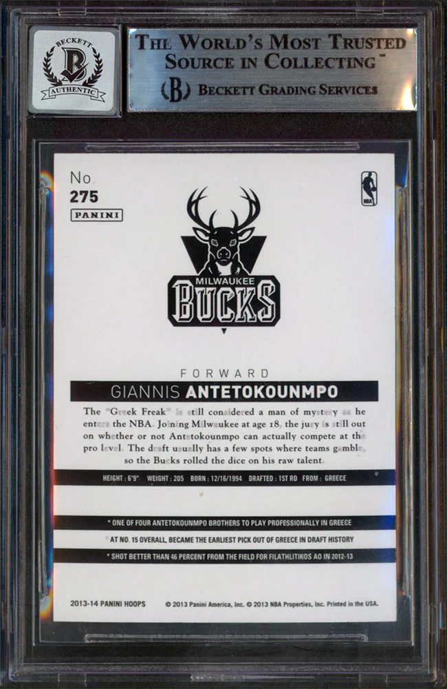 Bucks Giannis Antetokounmpo Signed 2013 Hoops #275 Rookie Card Auto 10! BAS Slab - Image 3