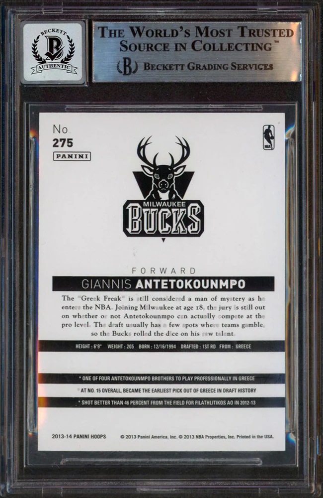 Bucks Giannis Antetokounmpo Signed 2013 Hoops Gold #275 RC Auto 10! BAS Slab - Image 3