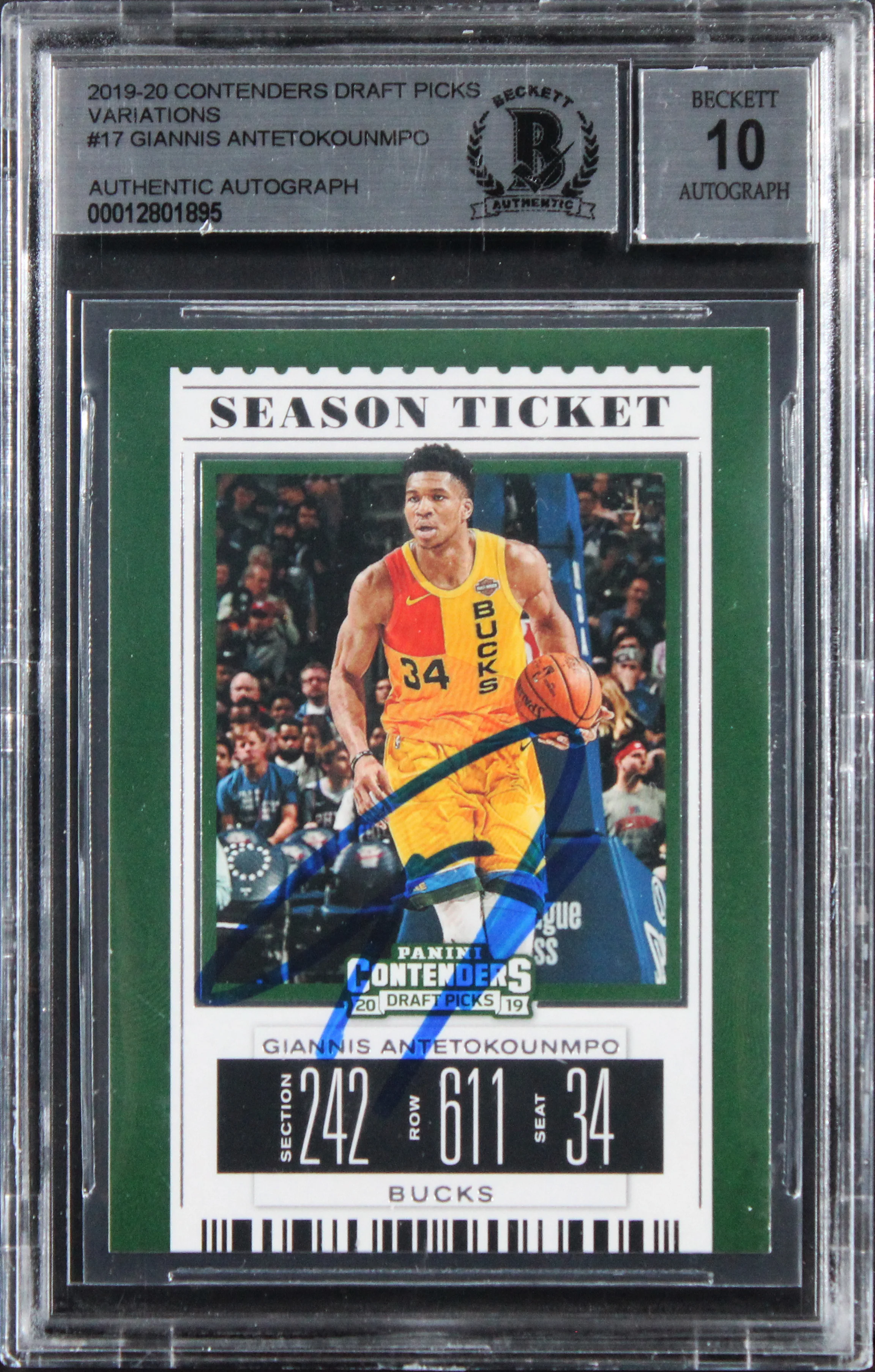 Bucks Giannis Antetokounmpo Signed 2019 Contenders DP #317 Card Auto 10 BAS Slab - Image 2