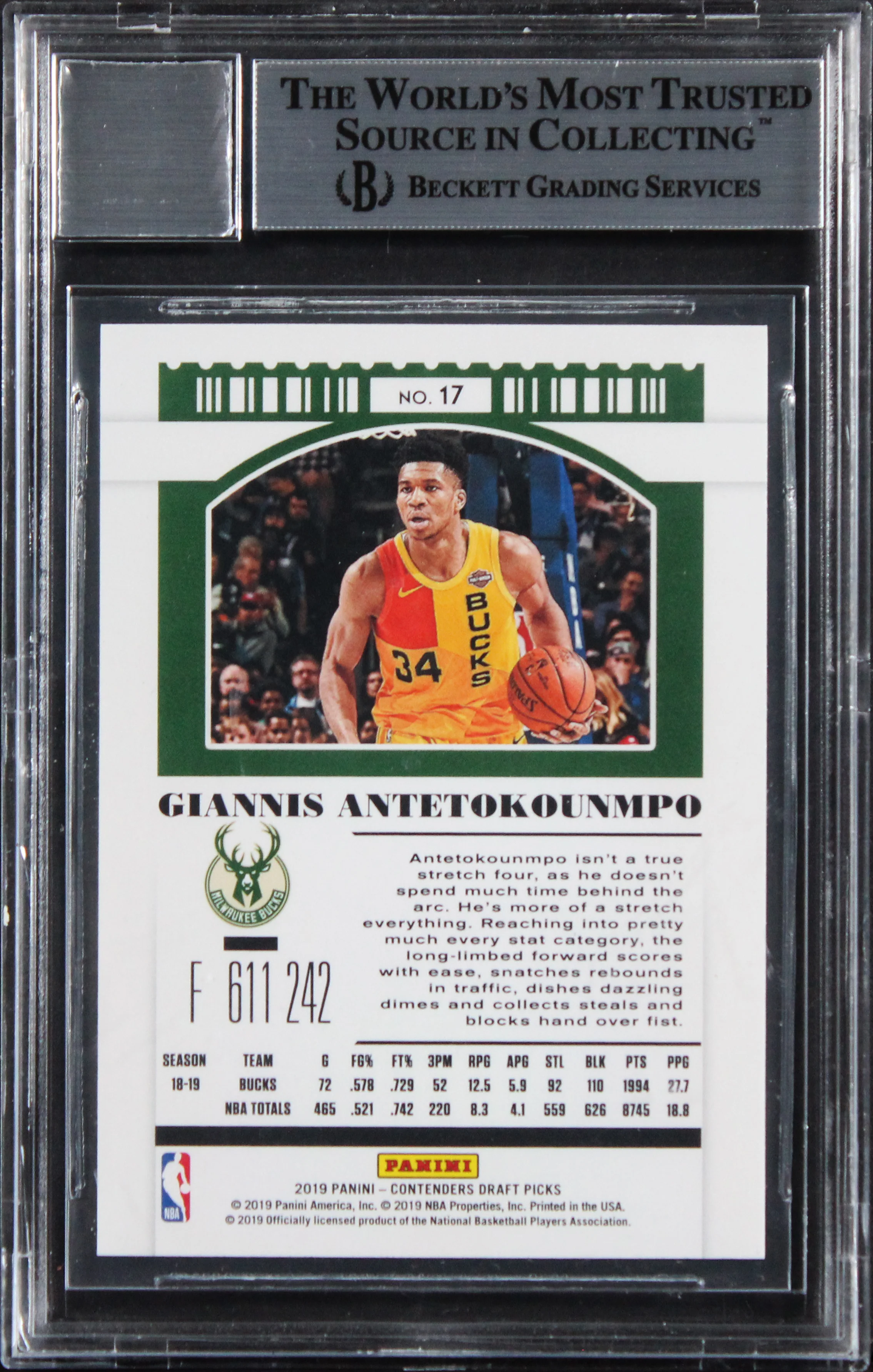 Bucks Giannis Antetokounmpo Signed 2019 Contenders DP #317 Card Auto 10 BAS Slab - Image 3