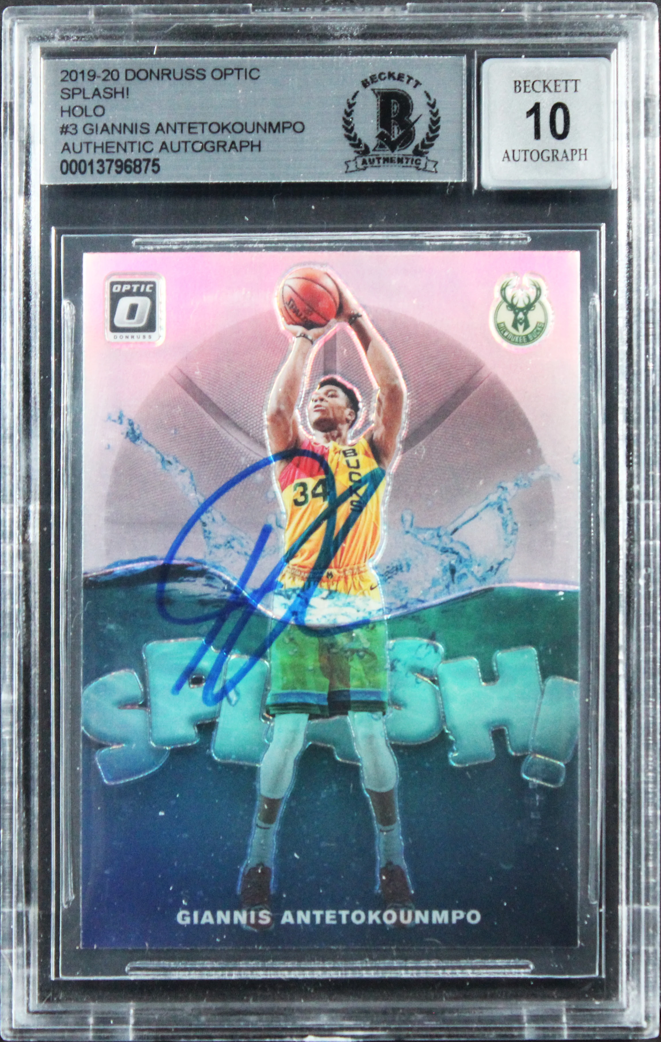 Bucks Giannis Antetokounmpo Signed 2019 Donruss Optic #3 Card Auto 10! BAS Slab - Image 2